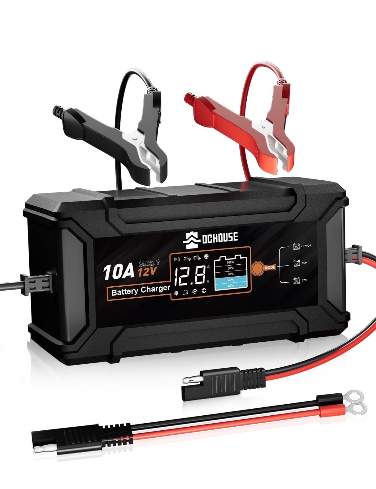 DC House 12V 10A LiFePO4 Battery Charger, Smart Trickle Charger Fully Automatic Maintainer Desulfator for Lead-Acid & LiFePO4 Ba