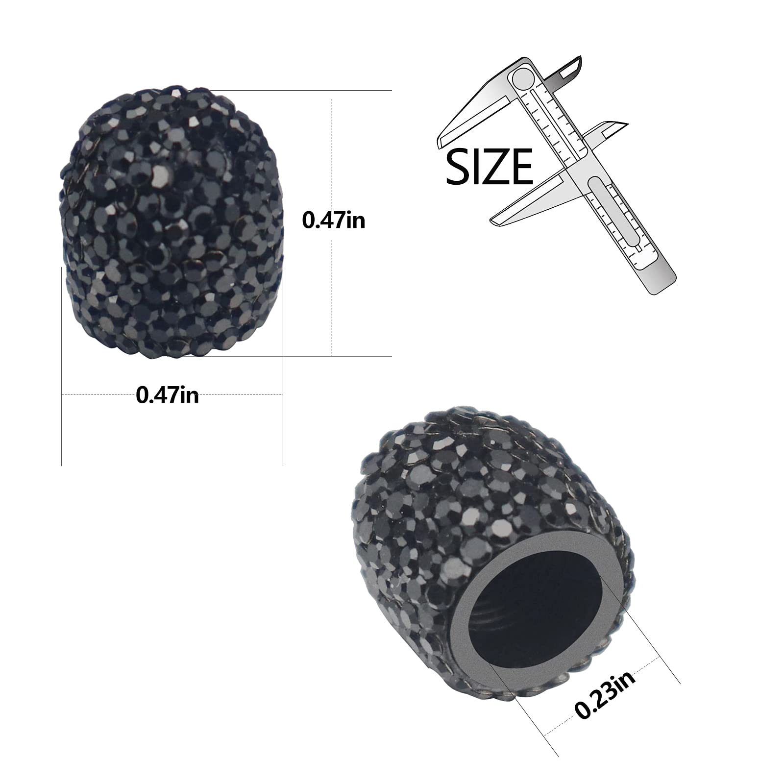 Sikawai Black Bling Valve Stem Caps - Handmade Crystal Rhinestone, Universal Car/Bike Accessories, Dustproof Chrome Finish