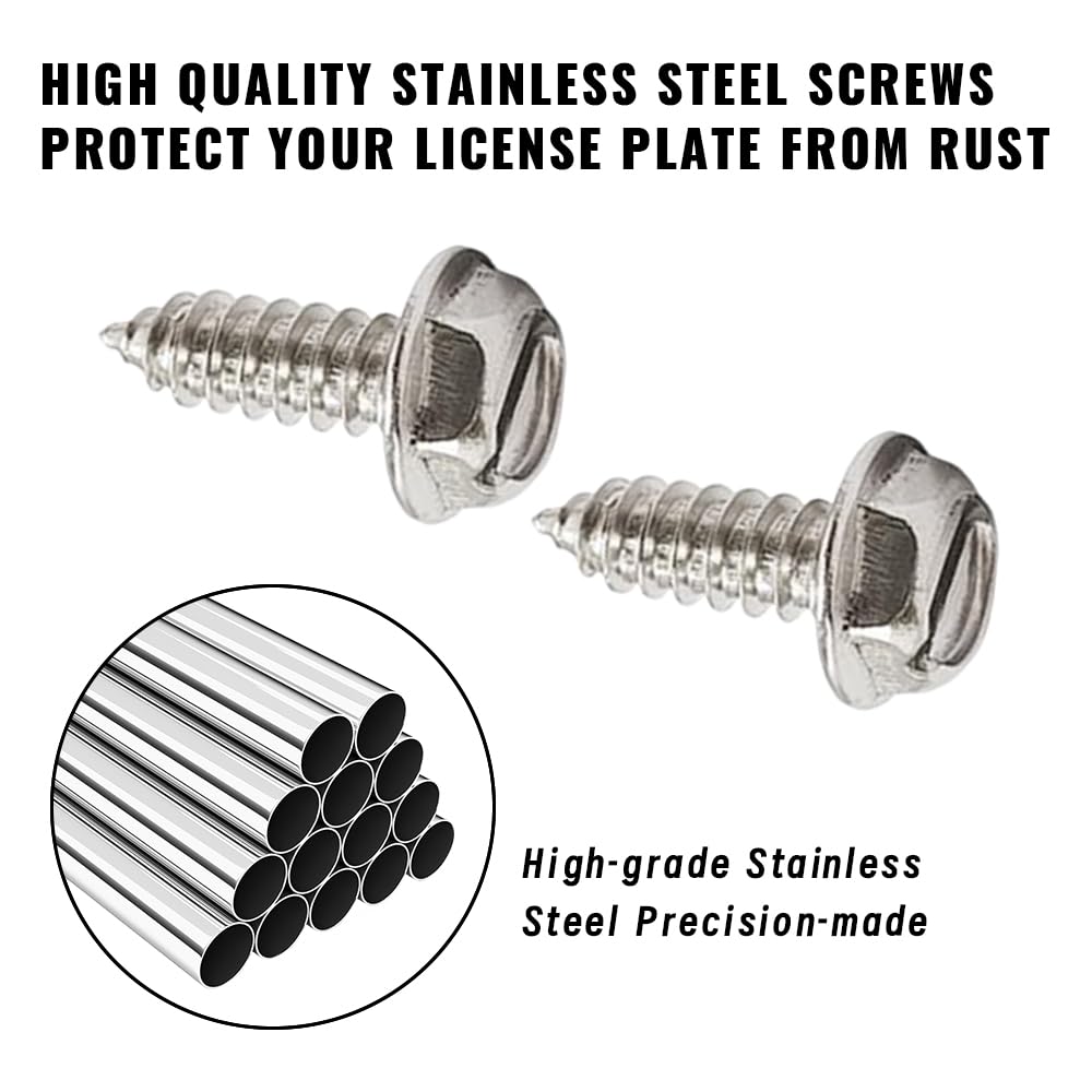 8Sets Stainless Steel Screws - Rust-Proof & Anti-Rattle License Plate Bolts Fits Front Rear Frame Holder Mounting