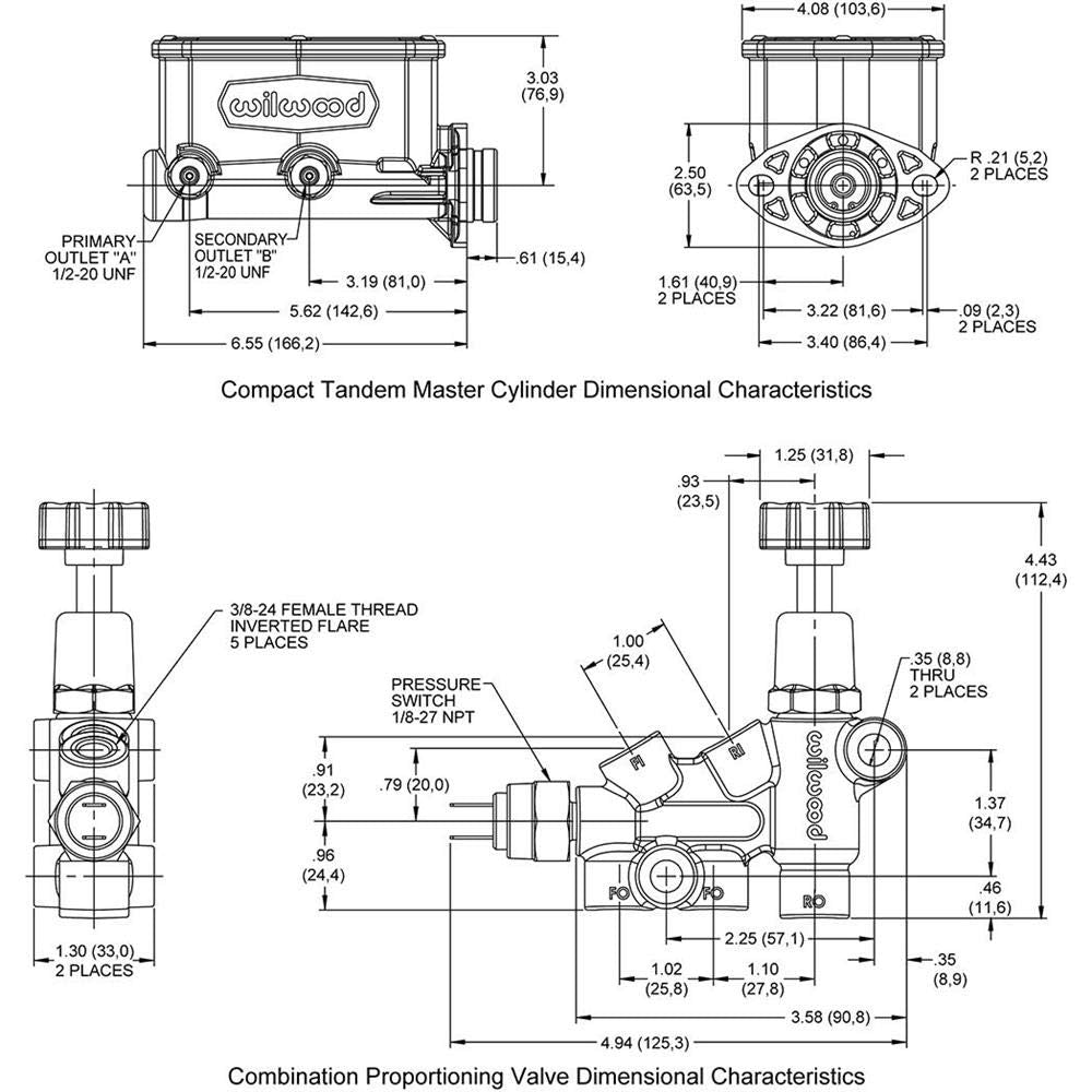 Wilwood Master Cylinder Tandem w/Brkt Prop Valve 1in