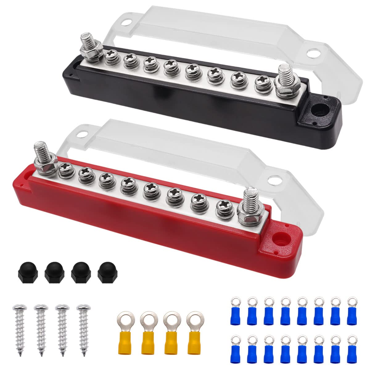 Seamaka (Red+Black) Power Distribution Terminal Block With Cover With 2 X 1/4'(M6) Terminal Studs,8 X M4 Terminal Screws,Battery Bus Bar With Ring Terminals For Car Boat Marine O-038-10-A