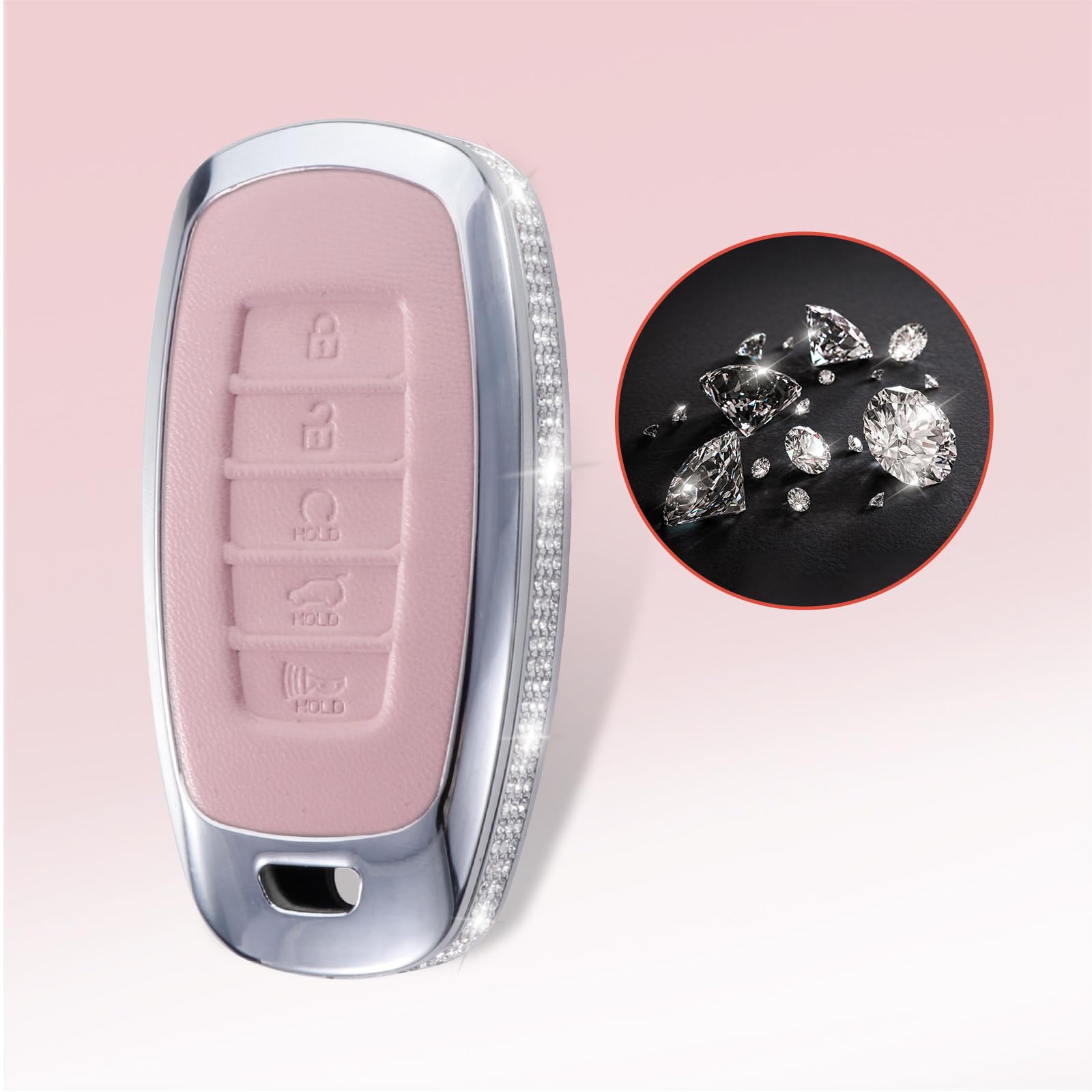 Ruabiban For Hyundai Key Fob Cover With Keychain, Pink Leather Key Case Protection Shell Fit For 2022 2021 2020 Hyundai Sonata S