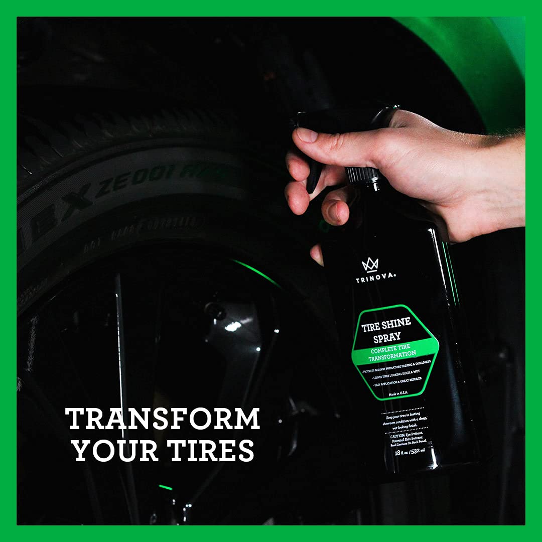 Trinova 33511 Tire Shine Spray No Wipe - Automotive Clear Coat Dressing For Wet & Slick Finish - Keeps Tires Black - With Rubber