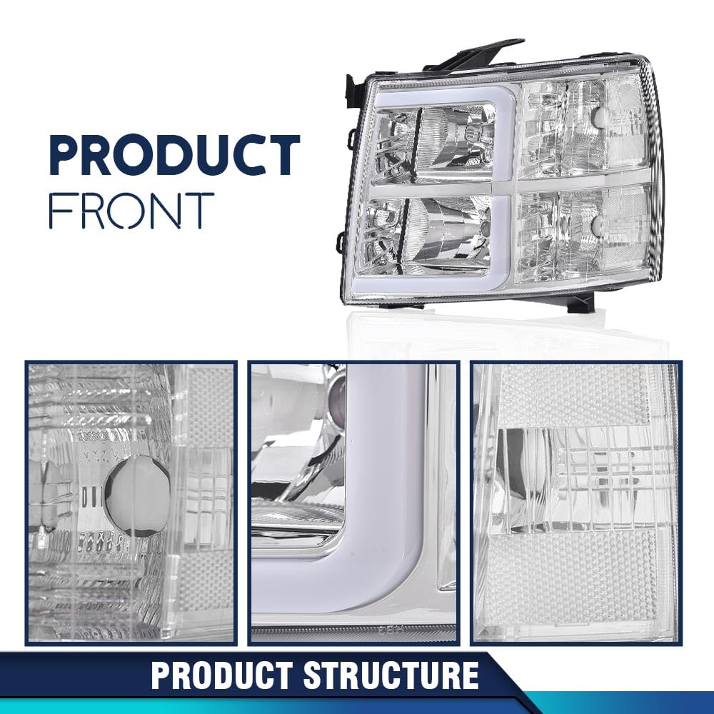 Pit66 Led Drl Tube Projector Headlights Compatible With Chevy Silverado 1500 2007-2013/ 2500Hd 3500Hd 07-14, Not Fit 2007 Old Bo