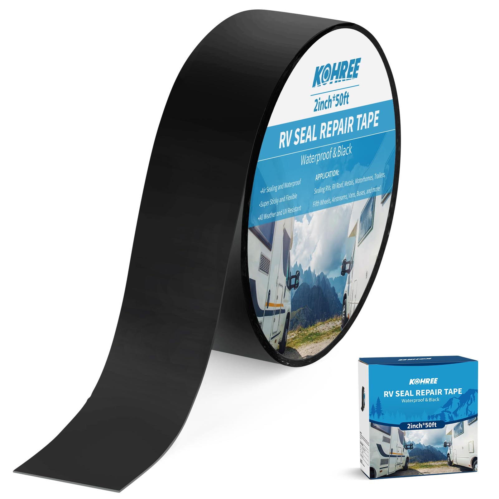 Kohree Rv Sealant Tape, 2 Inch X 50 Foot Rv Roof Tape Black, Uv & Weatherproof Butyl Sealant Roofing Tape For Rv Repair, Window,