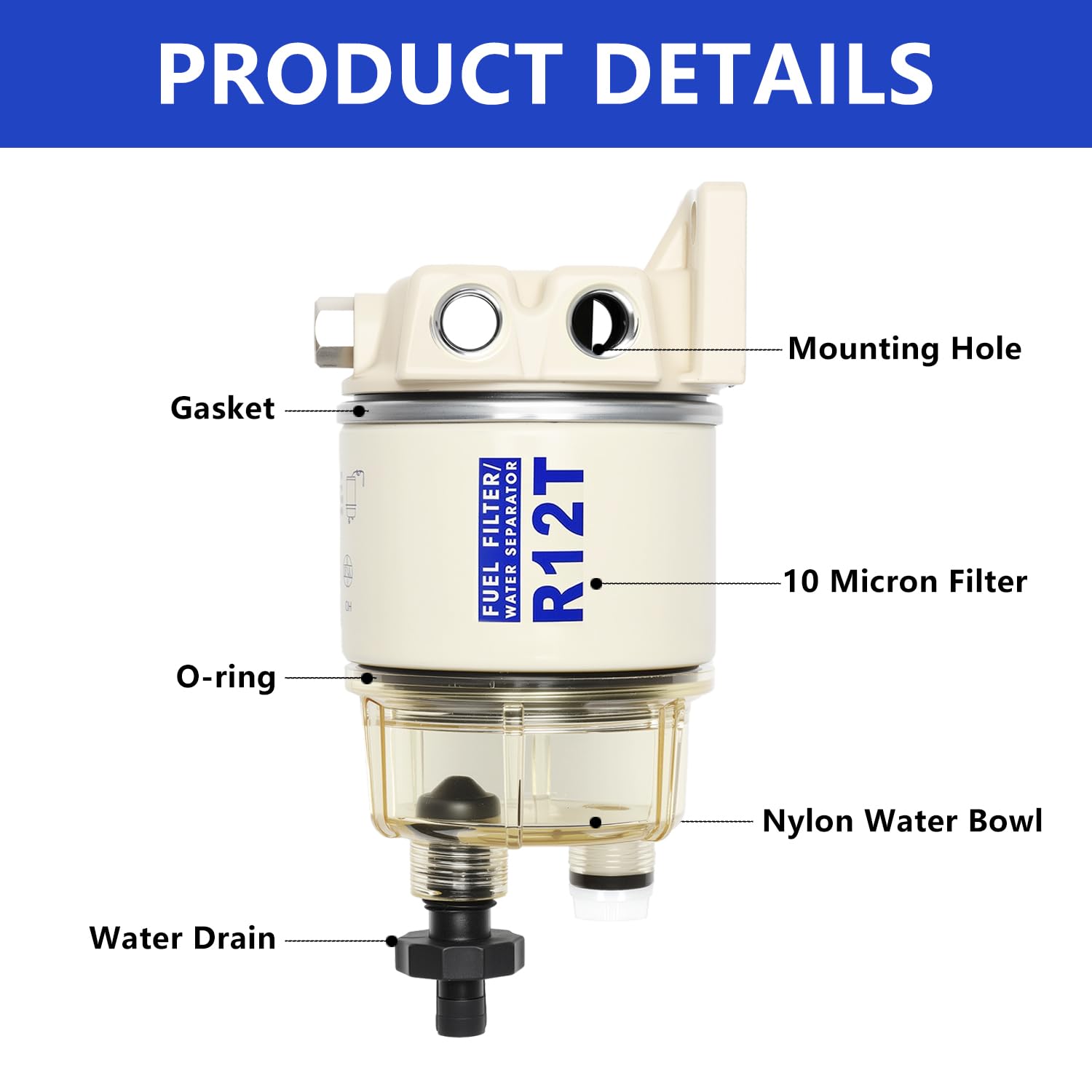 AUIVERED R12T Marine Fuel Water Separator Kit, 10 Micron Filter, Replace S3240 120AT, Fit 1/4 Inch NPT Outboard Motors for Gas &