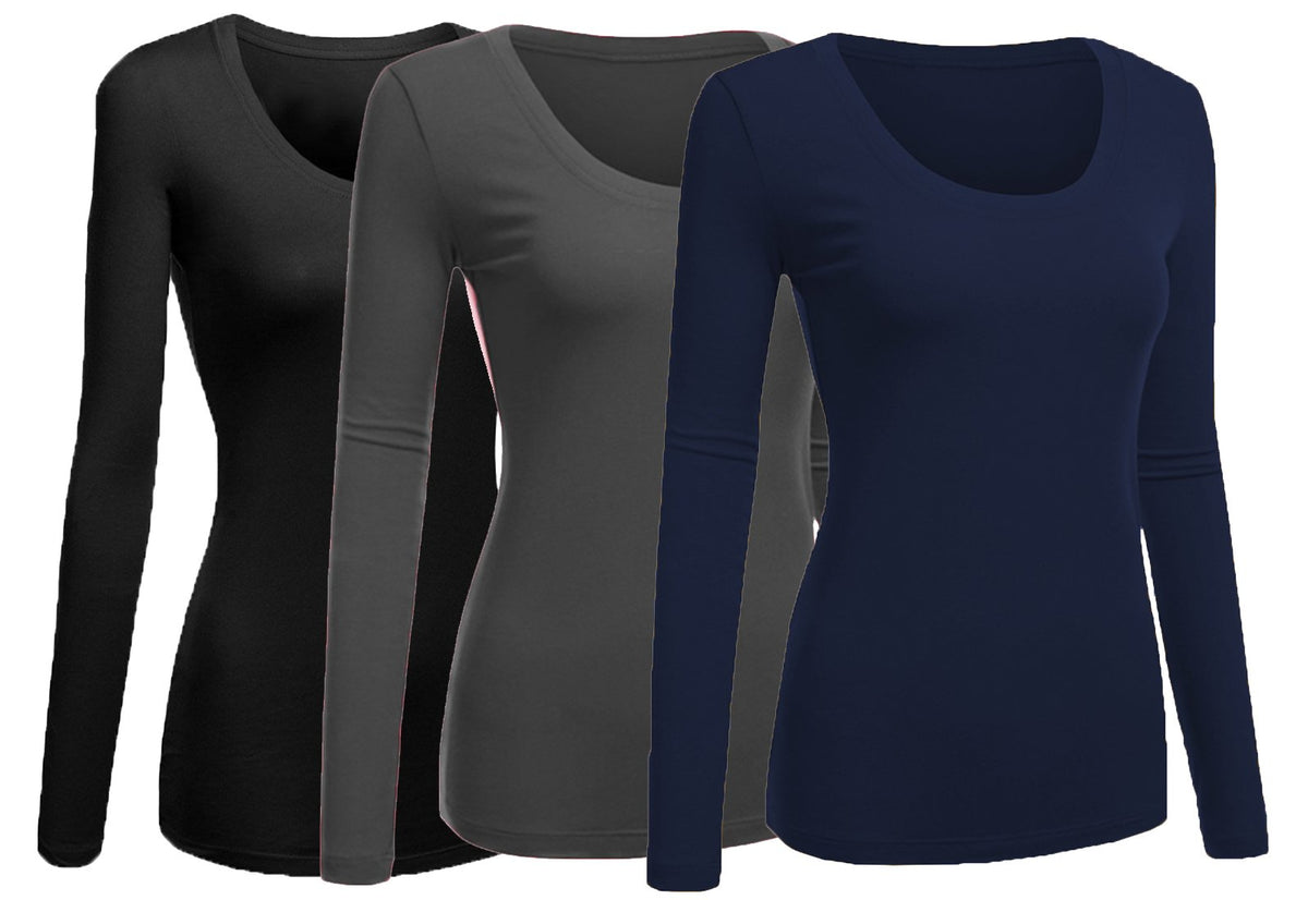 Emmalise Womens Junior And Plus Size Basic Scoop Neck Tshirt Long Sleeve Tee, Large, 3Pk Navy, Charcoal, Black