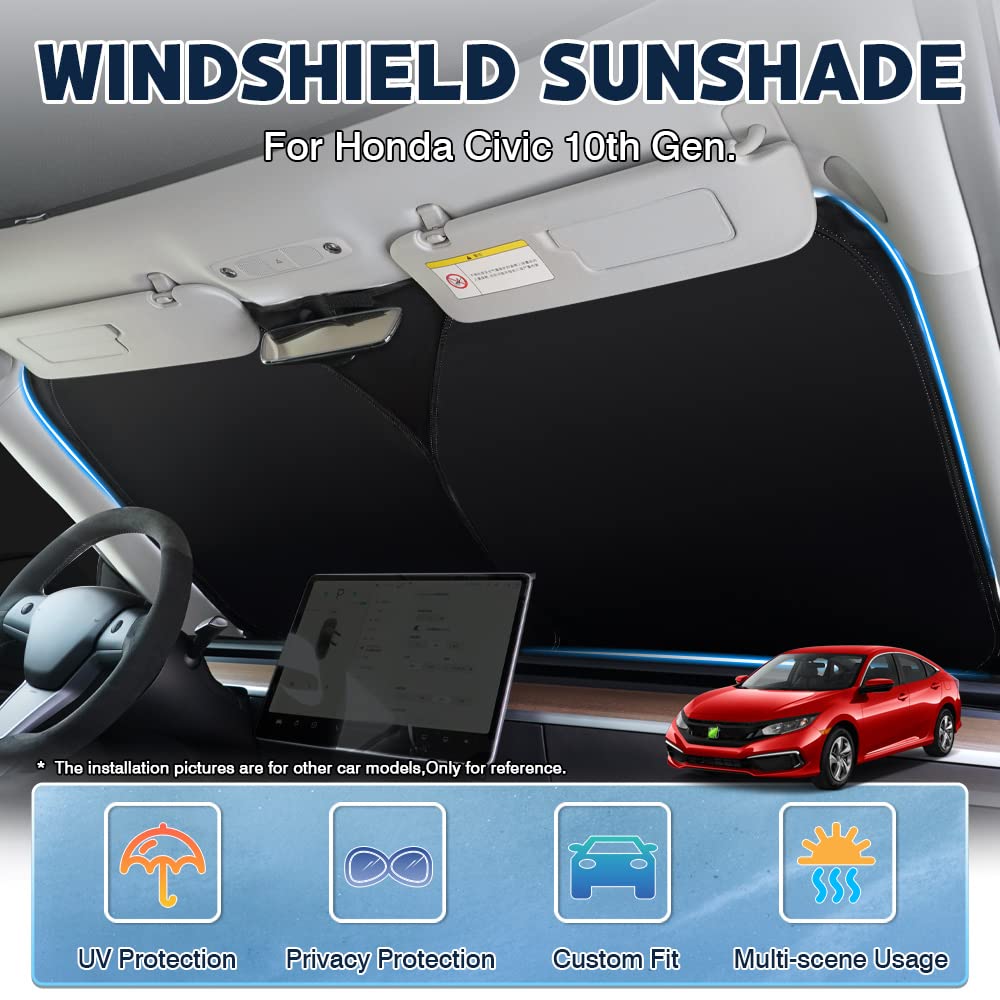 Karltys Foldable Windshield Sun Shade for 2016-2021 Honda Civic, Black 240T Reflective UV Ray Blocker, Custom Fit 10th Gen.