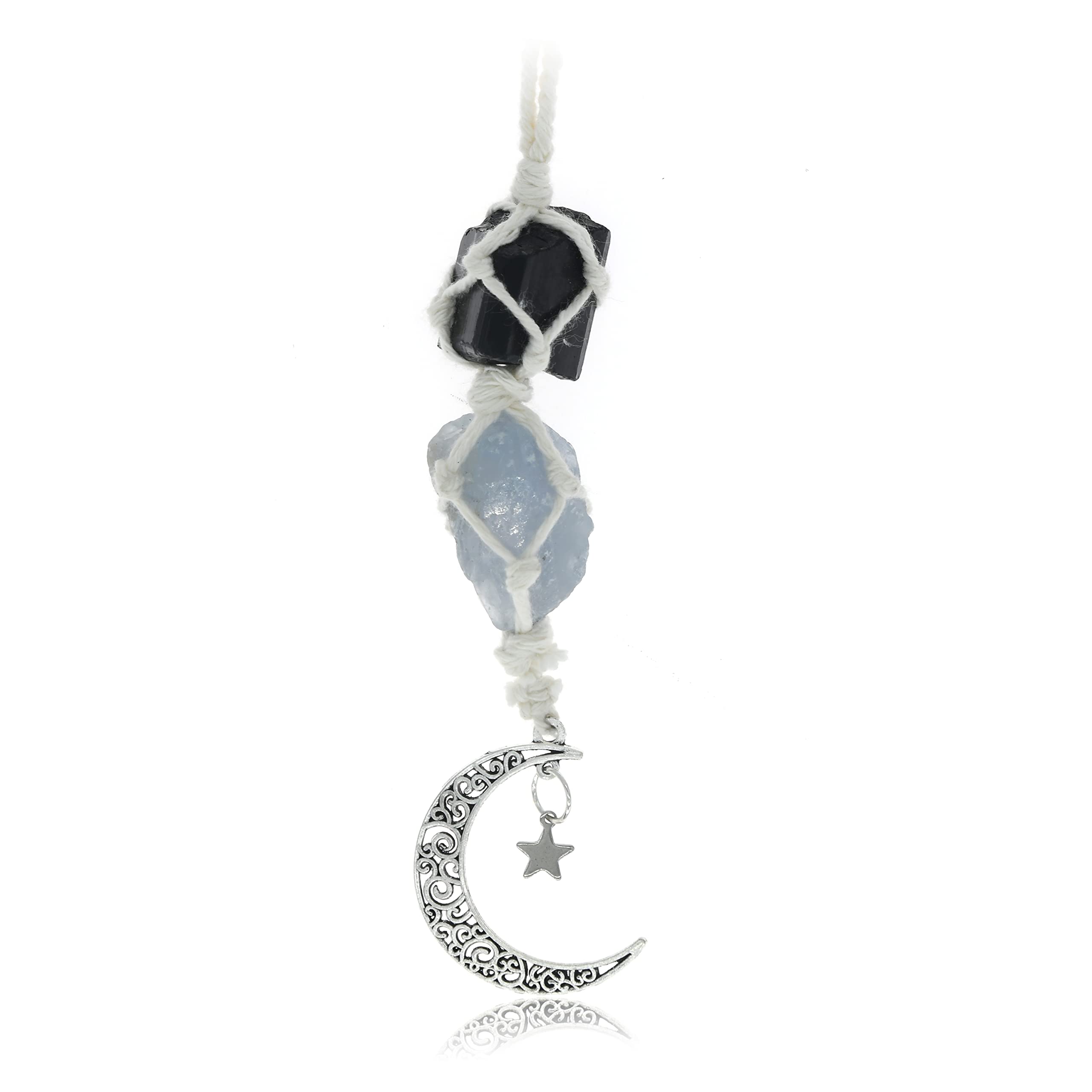 Boho Garden Hanging Car Charm - Black Tourmaline & Blue Calcite - Dangling Moon & Healing Crystal Accessories, Rearview Mirror Decorations - Confidence, Calmness, Creativity, Protection, Communication
