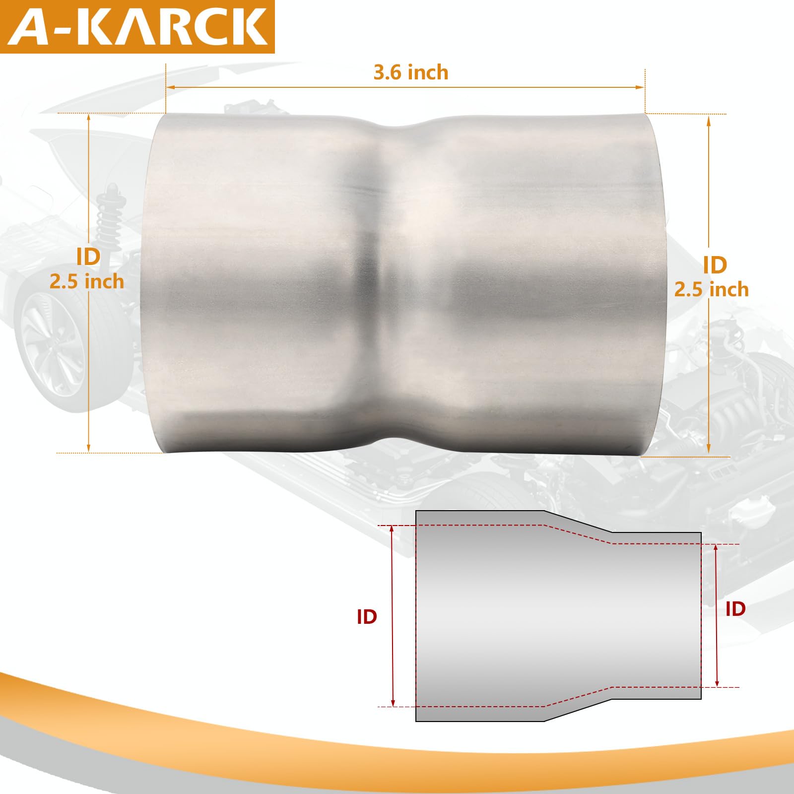 A-KARCK Stainless Steel Exhaust Adapter 2.5'' ID to 2.5'' ID, Exhaust Pipe Reducer 3.6'' Overall Length