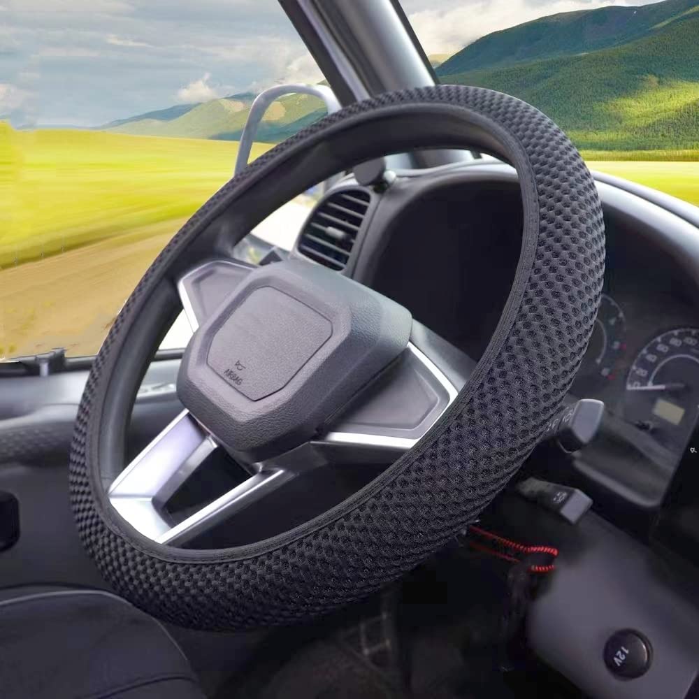 Mrtioo Breathable Stretch Elastic Steering Wheel Cover, Soft Microfiber Ice Silk Cloth Fabric, Hot And Cold Universal 14.5-15 In, Fit Suvs, Vans, Sedans, Cars, Trucks (B-Black Classic)