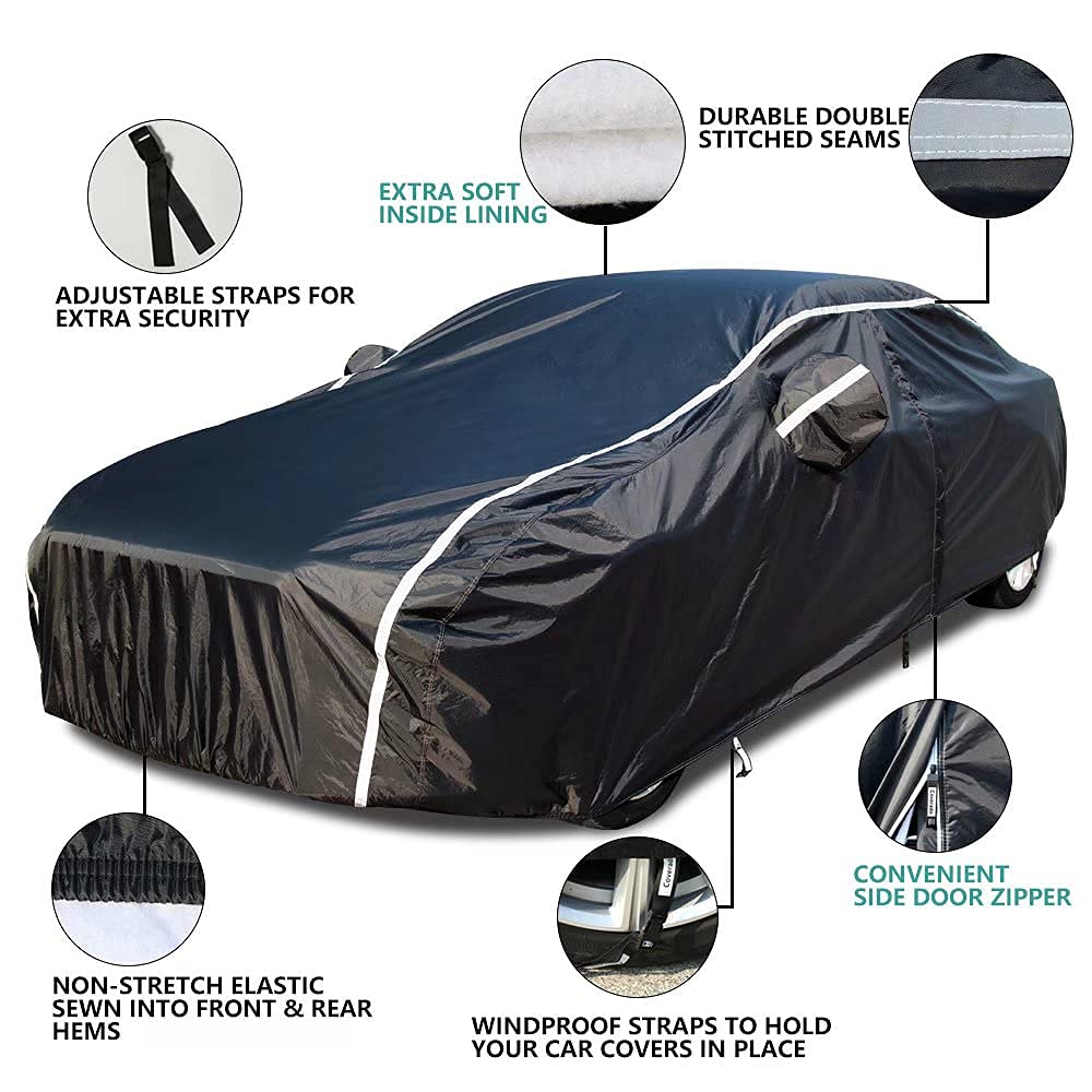 Waterproof Car Cover For Automobiles All Weather - Coverado Car Cover Heat Protection With Zipper Door, Cotton Backing Snowproof