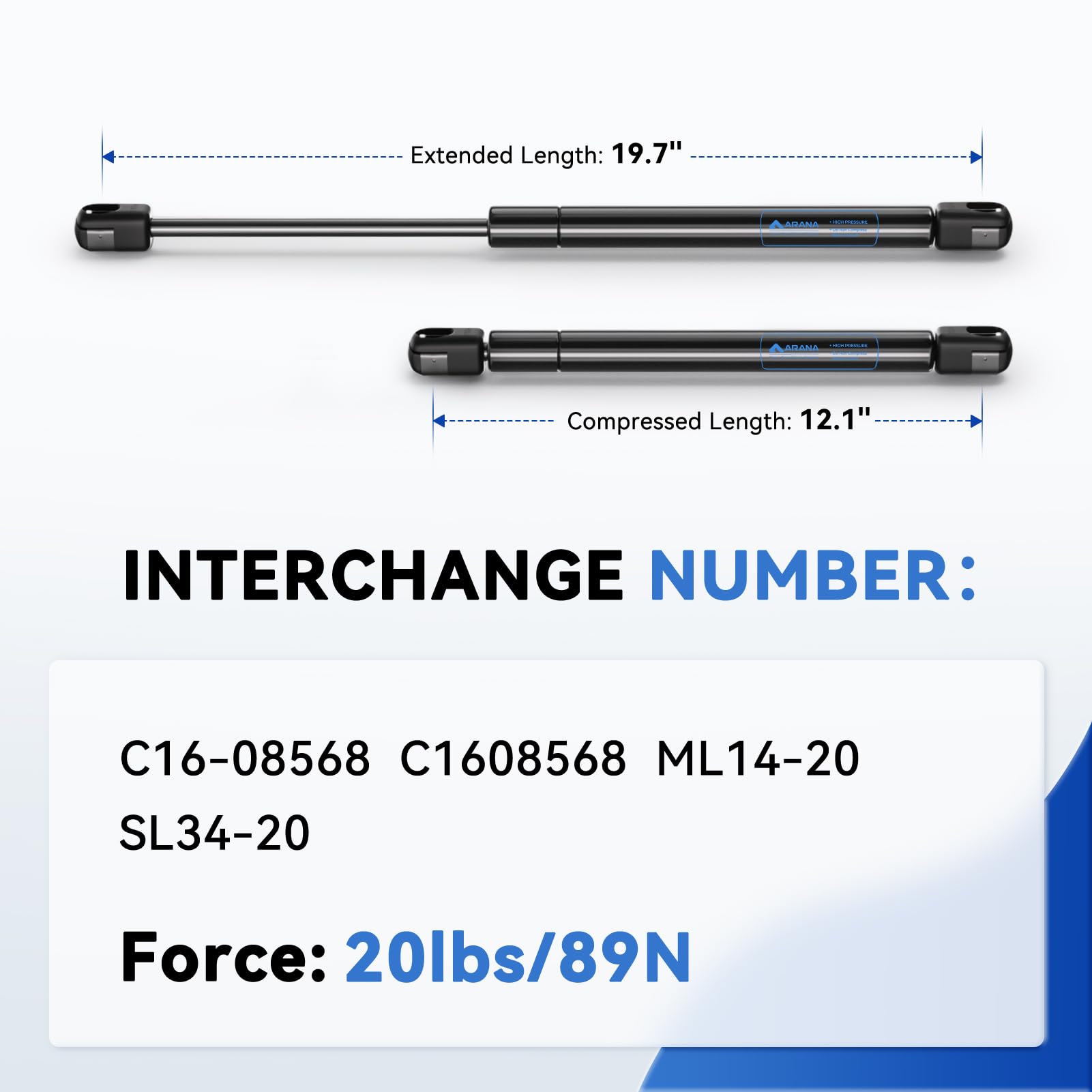 ARANA C16-08568 20 inch 20 lbs Gas Lift Struts 20'' Spring Shocks for Truck Tool Box RV Door Motorhome Door Compartment Door, 2P