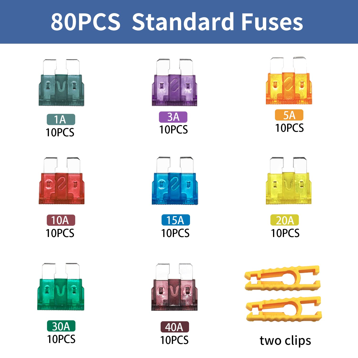 ZIPCCI 80 Pcs Standard Car Fuse, Fuses Assortment kit(1A/3A/5A/10A/15A/20A/30A/40AMP) Automotive Blade Fuse for RV, Truck, Marin