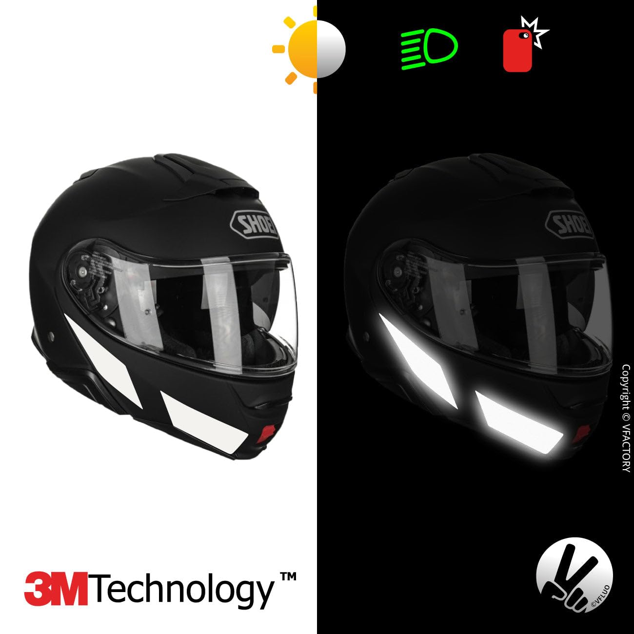 Vfluo - Kit Of Reflective Stickers - Shoei Neotecii™ Motorcycle Helmet - Approved Stripes Fr - 3M™ Technology - High Visibility & Strength - Discreet & Design - Maximum Grip