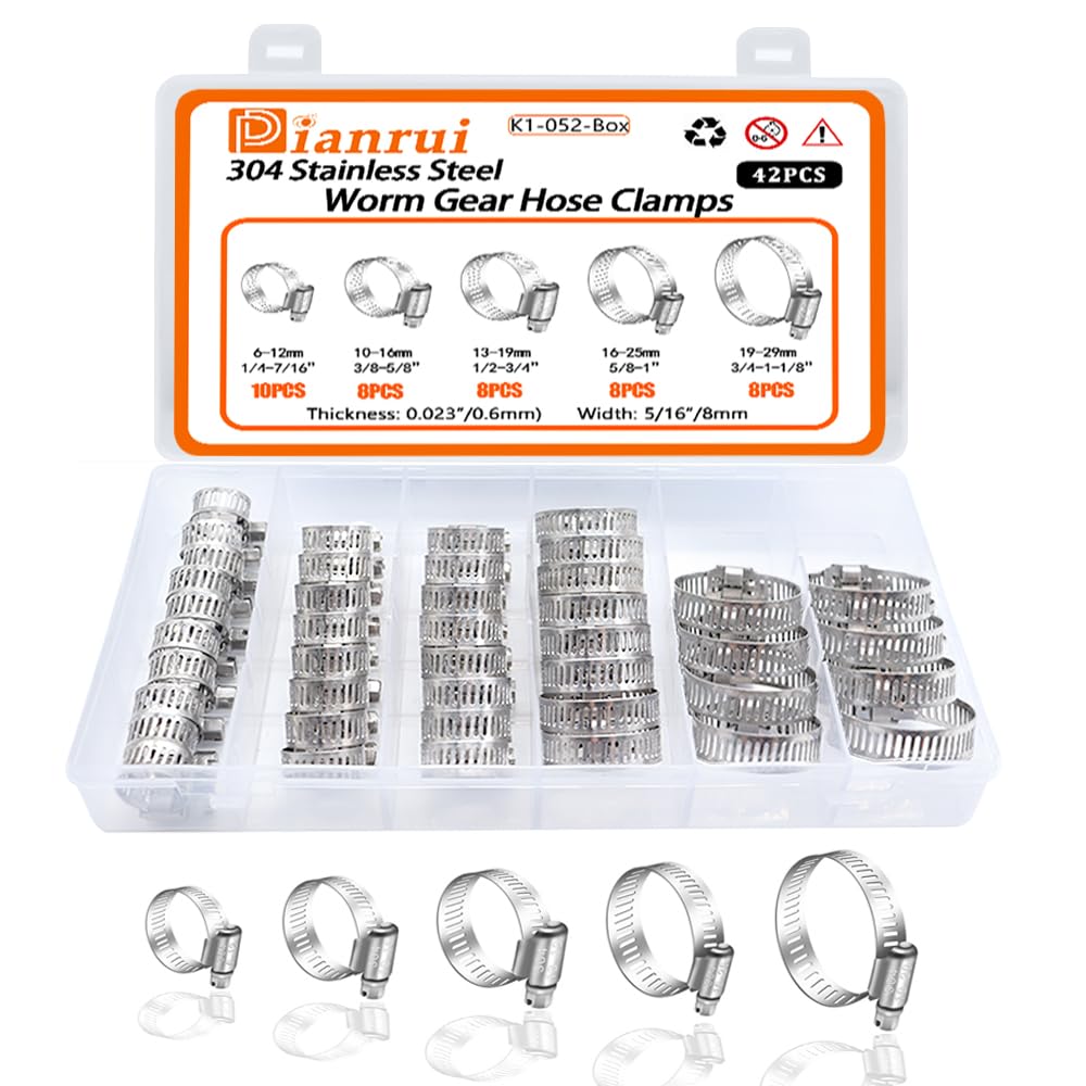 Dianrui 42 Pcs Hose Clamps Assortment Kit 1/4'–1-1/8' (6-29Mm) Hose Clamps Stainless Steel 304 Worm Gear Fuel Line Hose Clamp For Pipe, Fuel Line, Plumbing, Intercooler, Tube And Automotive