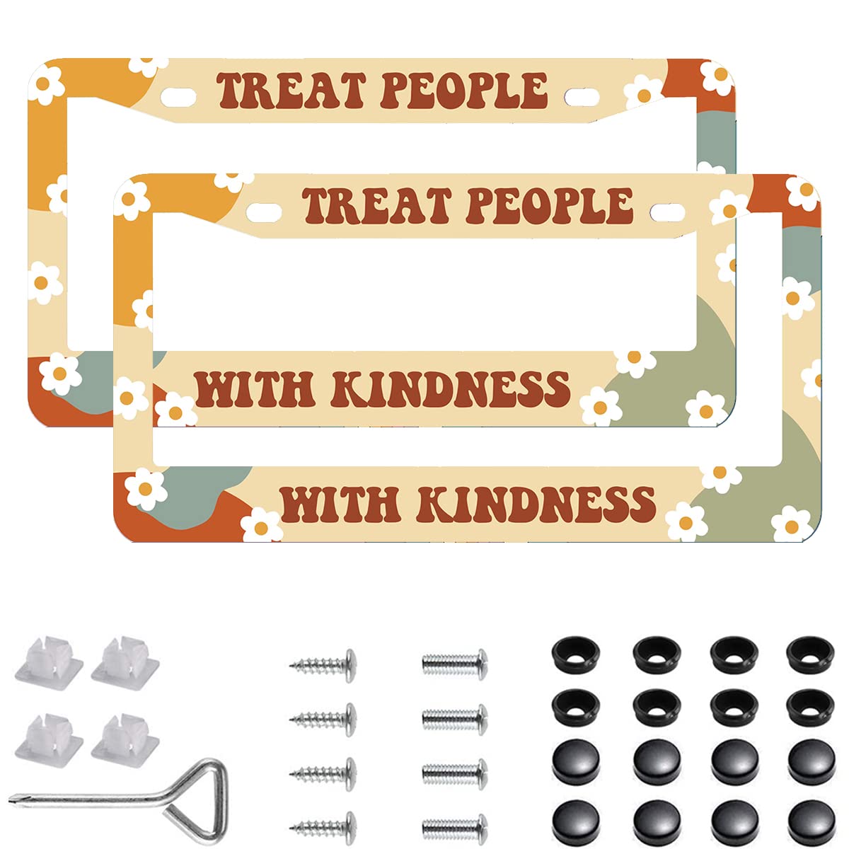 2Pcs Treat People With Kindness License Plate Frames Cover Holders Stainless Steel License Plate Cover With Screw Caps Cover And