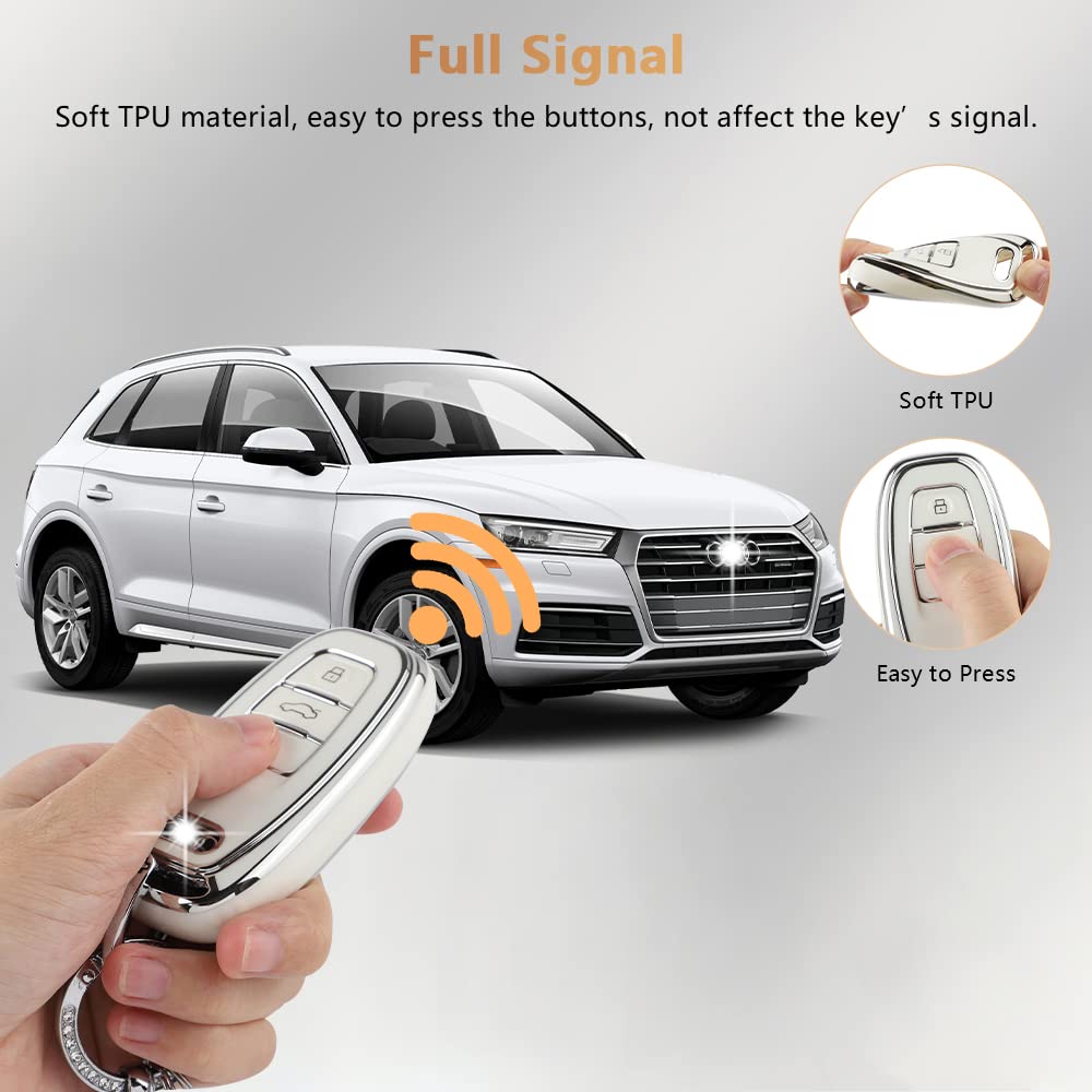Pifoog Key Fob Cover For Audi 4 Buttons Tpu Soft Keys Case Shell Bling Keychain Car Accessories For Audi Q5 A4 A5 A6 A7 A8 Rs5 Rs7 S4 S5 S6 S7 Sq5 Girly Women White Silver