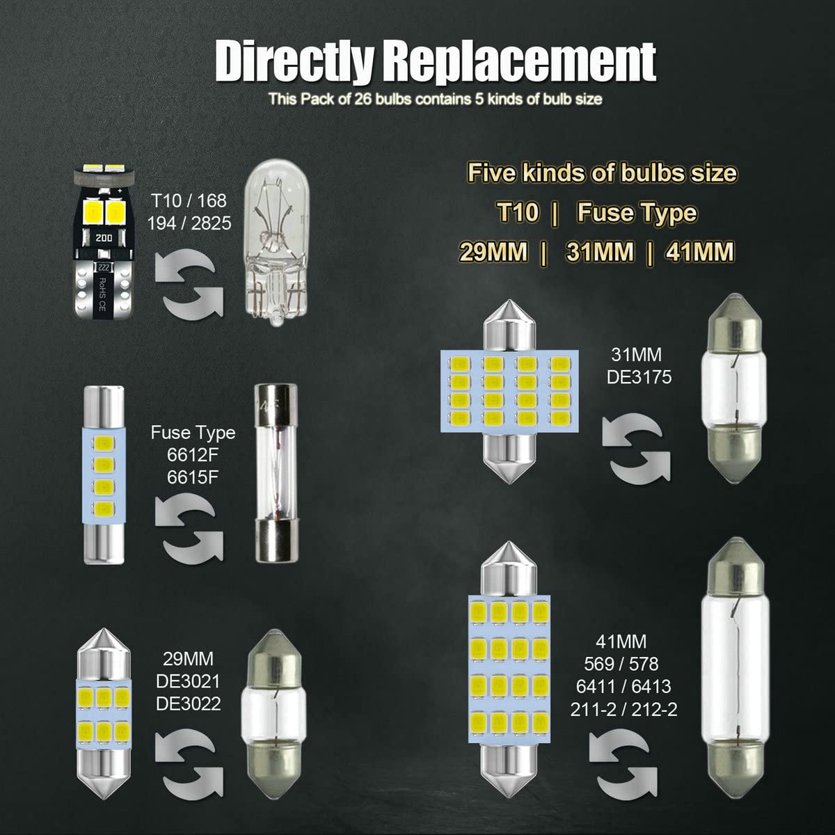 Ebaifun 26-Pack 6000K White 12V De3175 6411 T10 2825 6612F 6615F 31Mm 41Mm Led Bulb Kit For Car Truck Interior Map Dome Vanity M