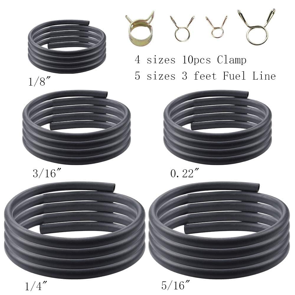 Alonegoer 3 Feet 1/8' 3/16' 0.22' 1/4' 5/16' Id Fuel Line Gas Tube Hose Compatible With Kawasaki Ezgo Snowmobile Lawn Mowers Tractors Bike Scooter Atv Golf Cart Motorcycle W 40Pcs Clips