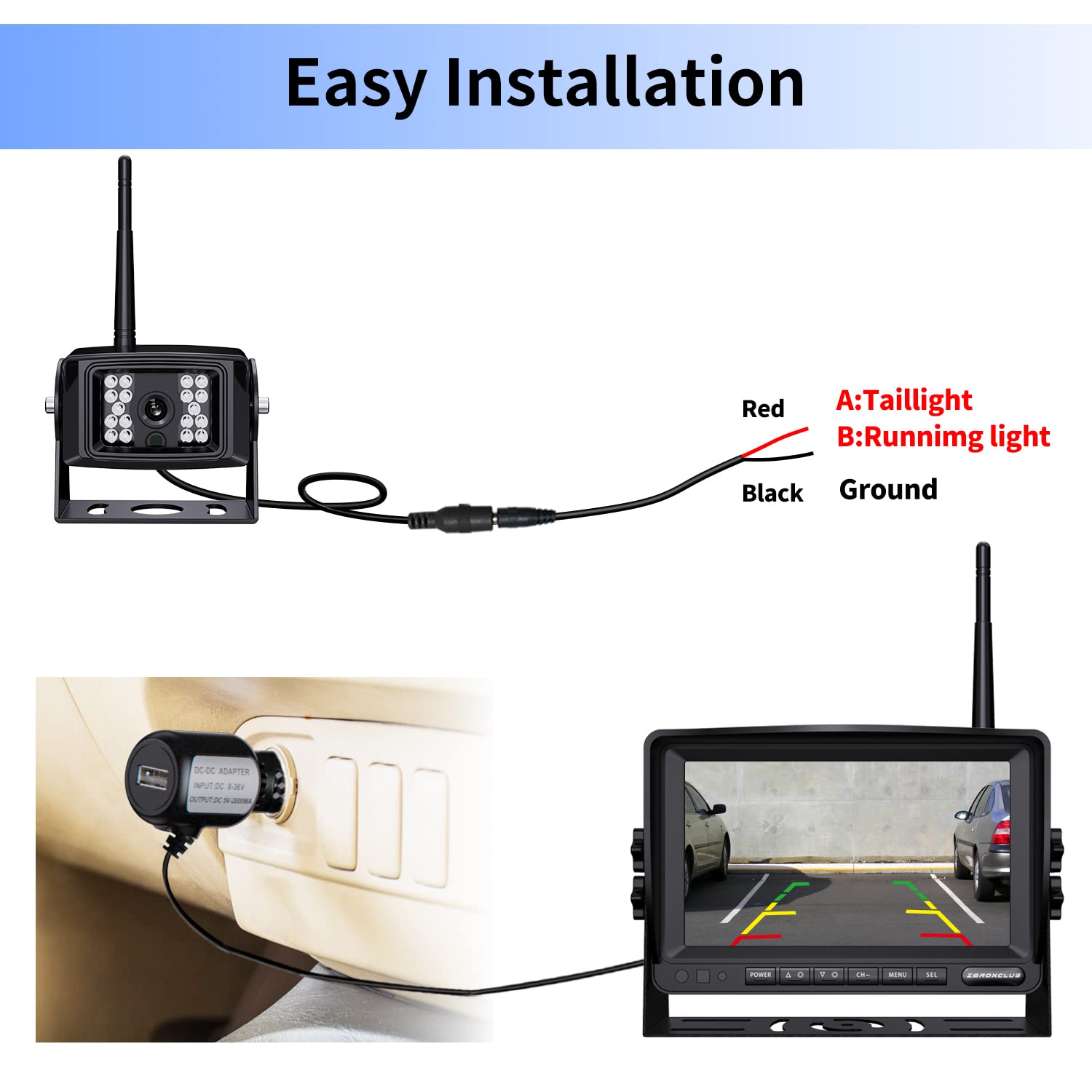 Zeroxclub 9'' Wireless Backup Camera System For Rv Truck Trailer Camper, 9 Inch Dvr Quad Split Monitor Ip69 Waterproof Hd 1080P