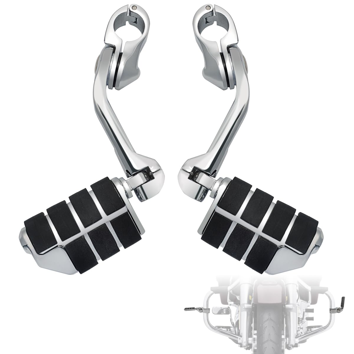 Fovplue 1.25' Highway Footpegs,Long Angled Adjustable Highway Pegs W/Mounts For Harley Touring Street Glide Electra Glide Road King Softail Cvo Dyna Trike Vrsc Sportster W/1-1/4' Engine Guard,Chrome#2