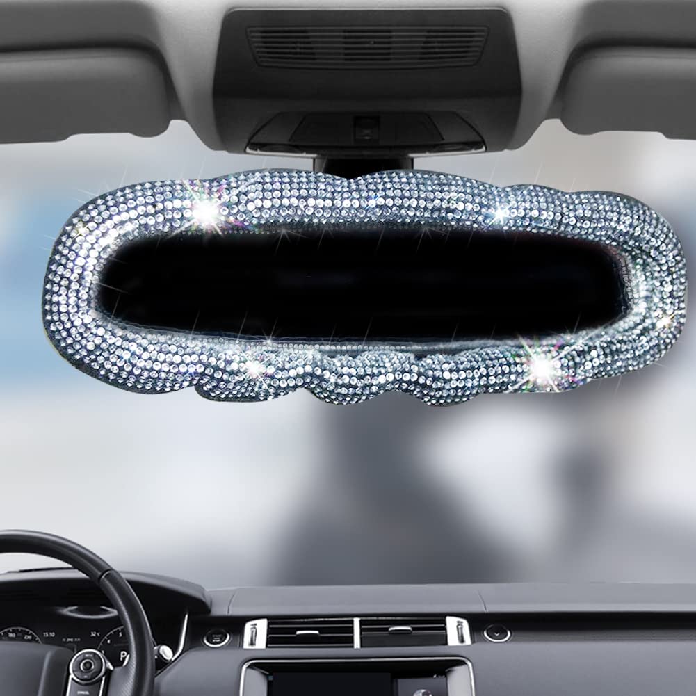 Beaumile Bling Rearview Mirror Accessories Elastic Plush Car Rear View Mirror Cover For Women Bling Car Accessories Universal Fit White