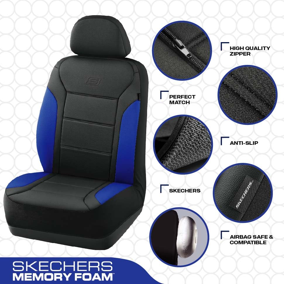 Skechers Memory Foam Car Seat Covers, Lycra Seat Covers Thick Memory Foam, Car Seat Cover Full Sets, Airbag Compatible, Automoti