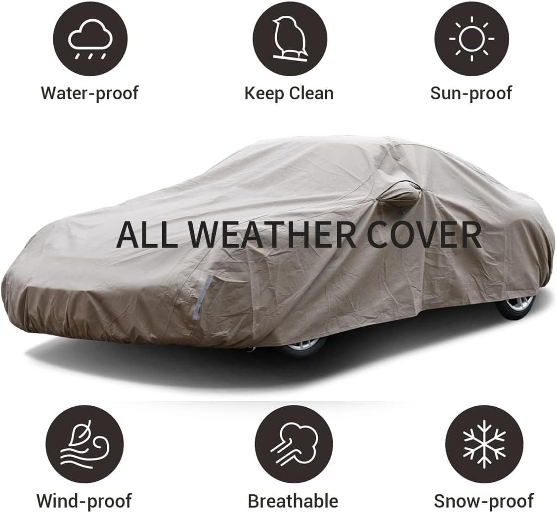 Tecoom Thick Shell Car Cover Waterproof All Weather For Automobiles, Full Exterior Covers With Invisible Zippered Mirror Pockets