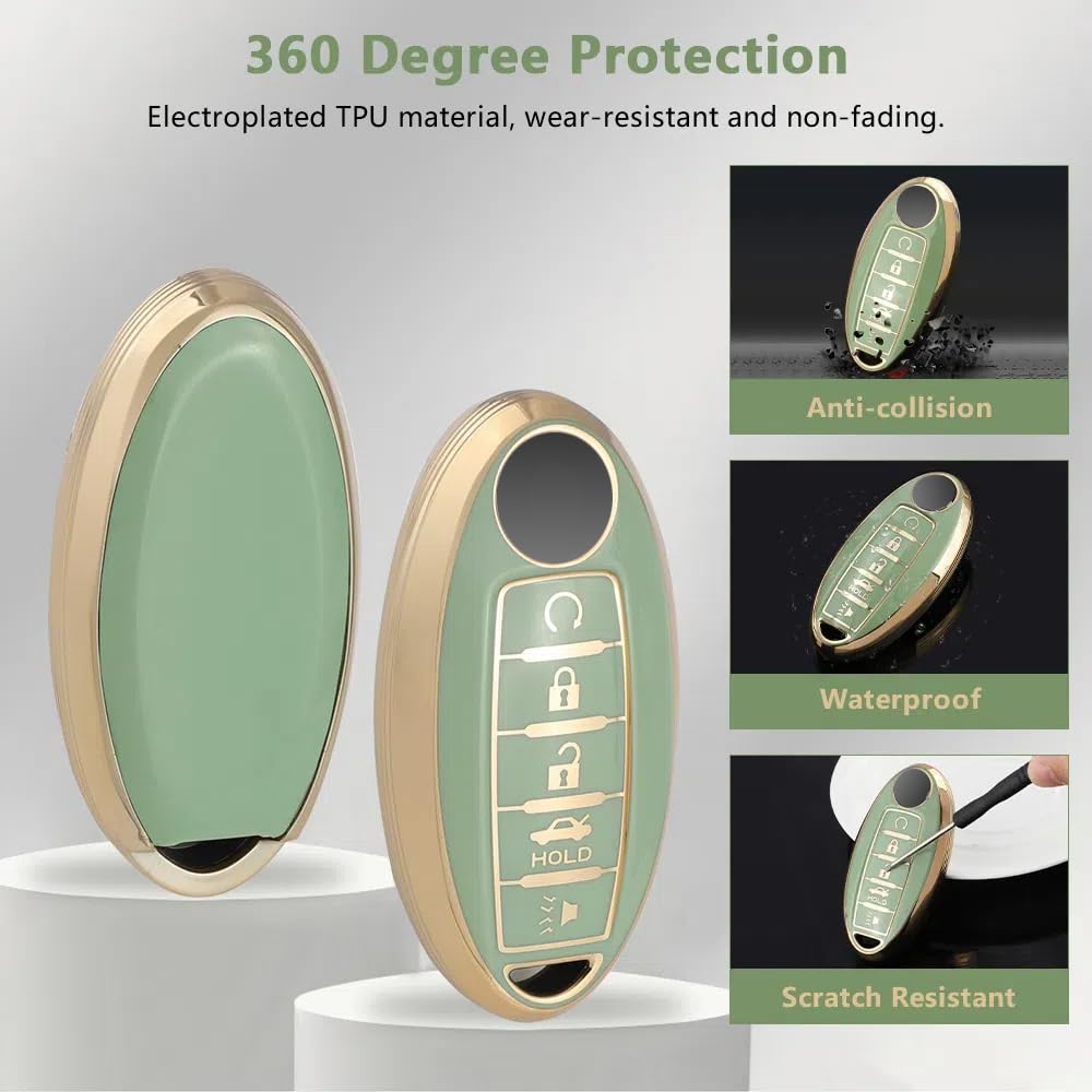 Pifoog Key Fob Cover For Nissan 5 Button Altima Sentra Rogue Maxima Armada Murano Pathfinder Versa Green Car Keys Case Shell Ful