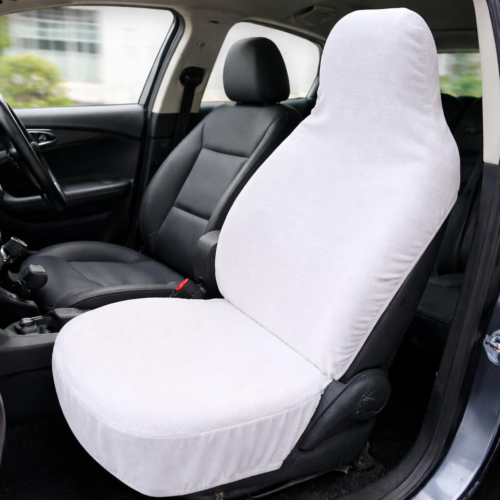 Car Seat Towel Cover, Terry Cotton White Front Seat Cover with Breathable and Sweat Absorbent Fabric, Stretchable Elastic Fit, W