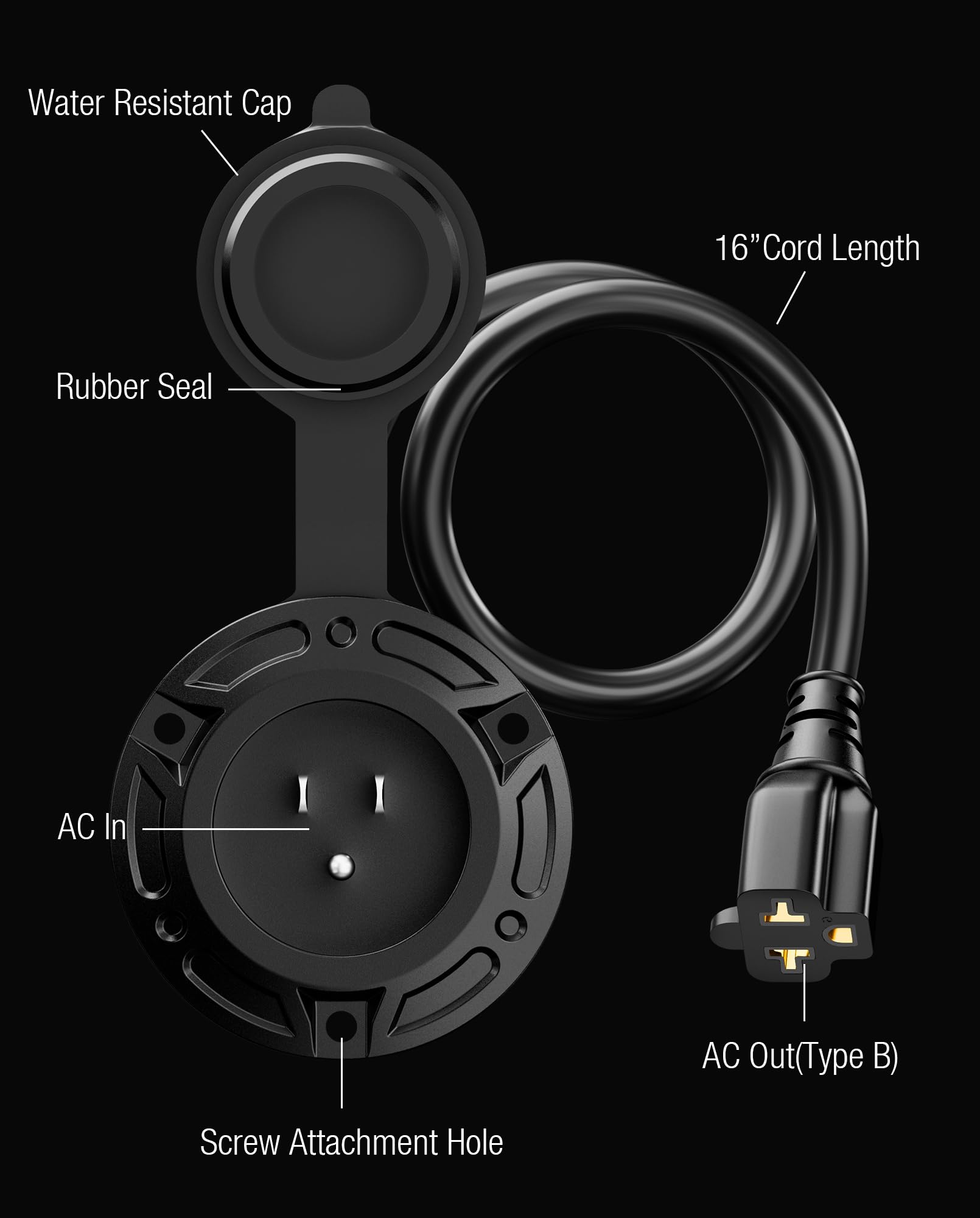 [5-In-1]Rv Shore Power Inlet Charger Plug 15A Ac Port Plug,125 Volt Ac Power Inlet Socket With 16 Inch Extension Cord And Watert