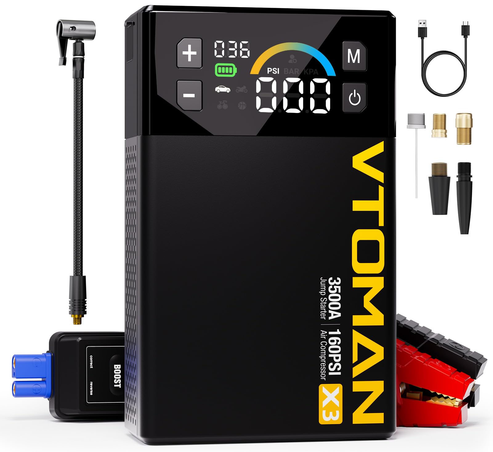 VTOMAN X3 Jump Starter with Air Compressor, 3500A Portable Car Battery Jumper Starter (9L Gas/8.5L Diesel Engines) with 160PSI A