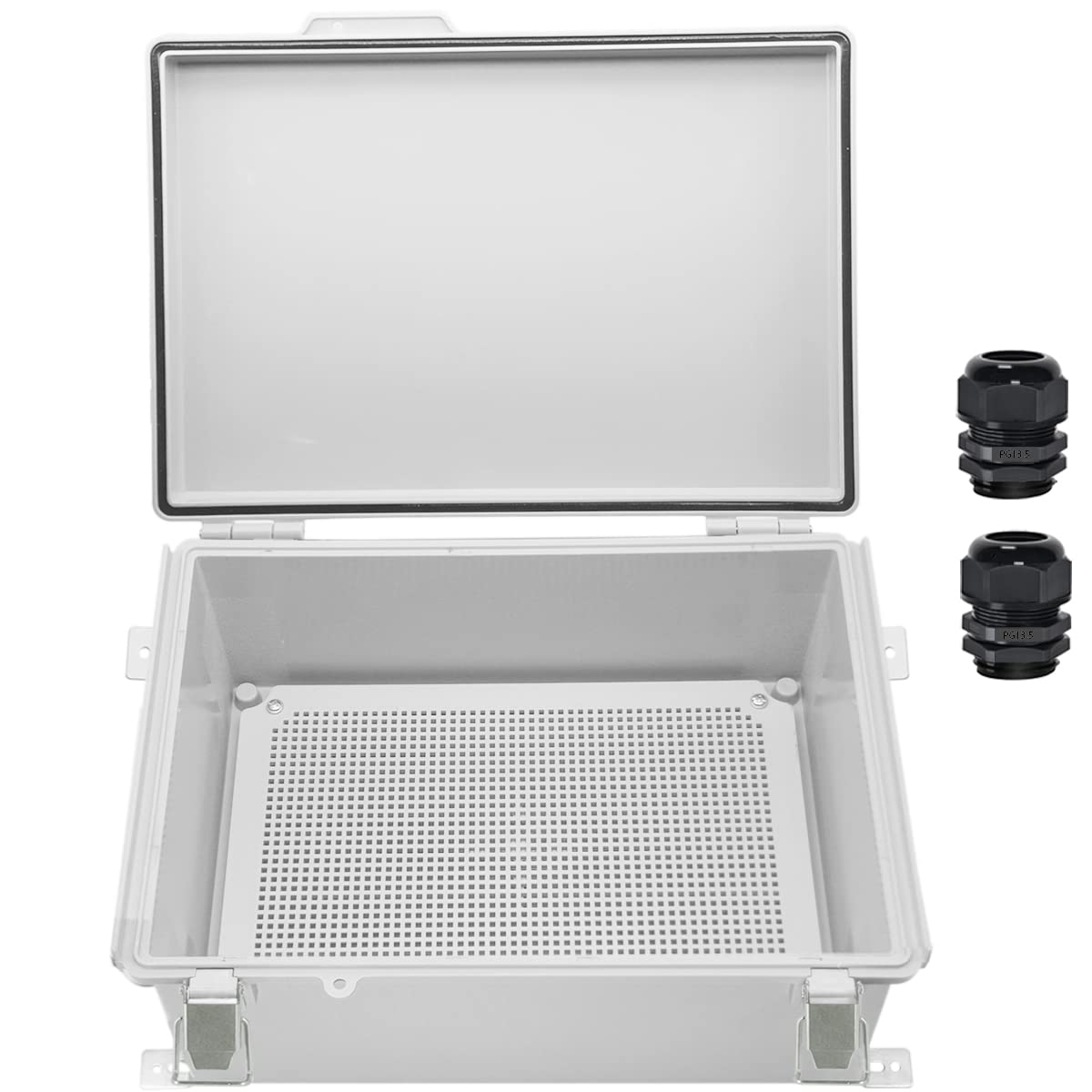 Zulkit Junction Box,Ip67 Waterproof Electrical Box Hinged Cover Stainless Steel Buckle Plastic Enclosure For Project W Mounting Plate Wall Bracket And 2 Cable Gland Grey 13.8"X9.8"X5.9"/350X250X150Mm