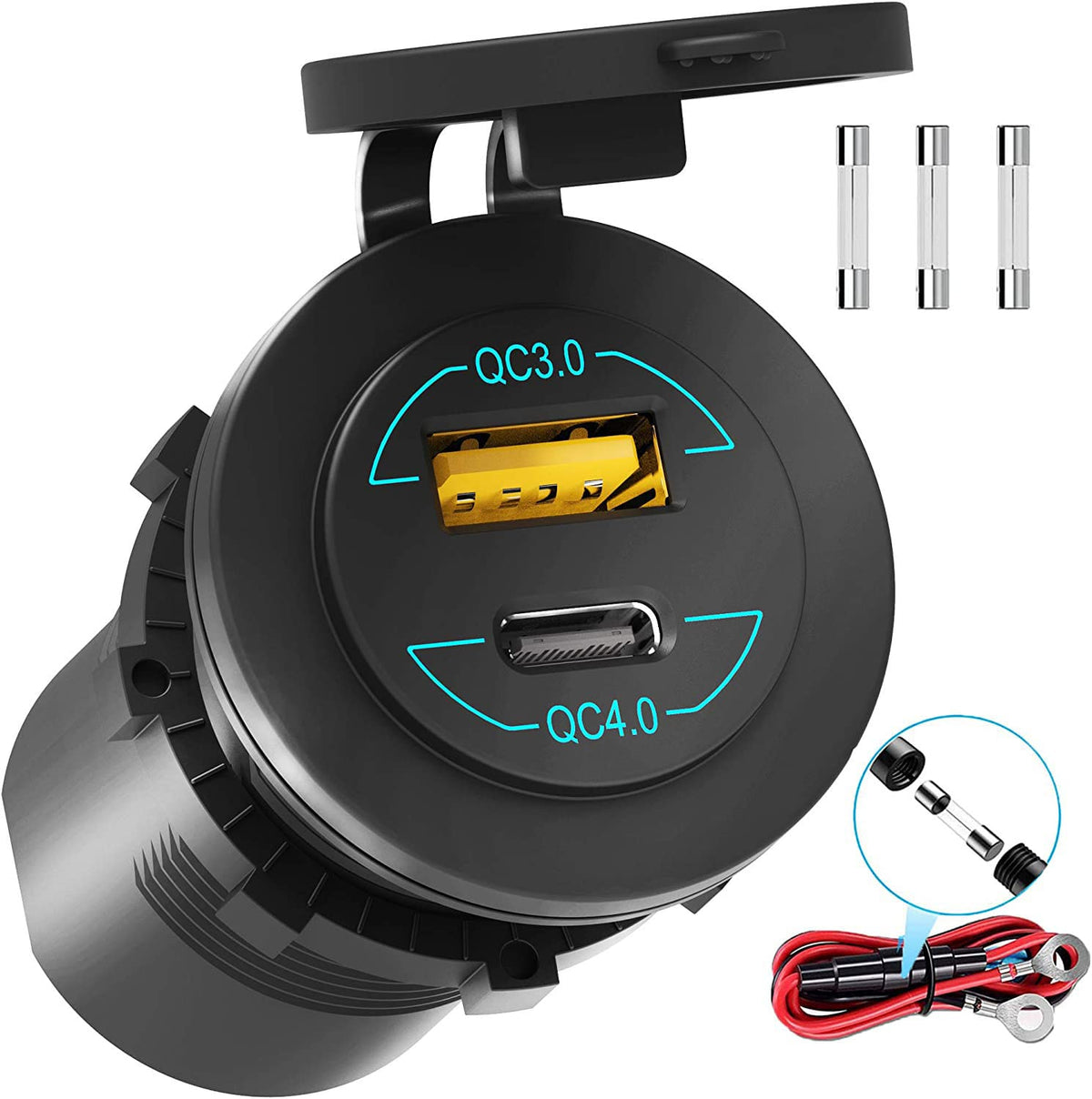 Quick Charge 4.0 PD Type C and Quick Charge 3.0 USB Charger Socket, AlfredDireck 12V/24V Car Power Outlet Waterproof Socket with