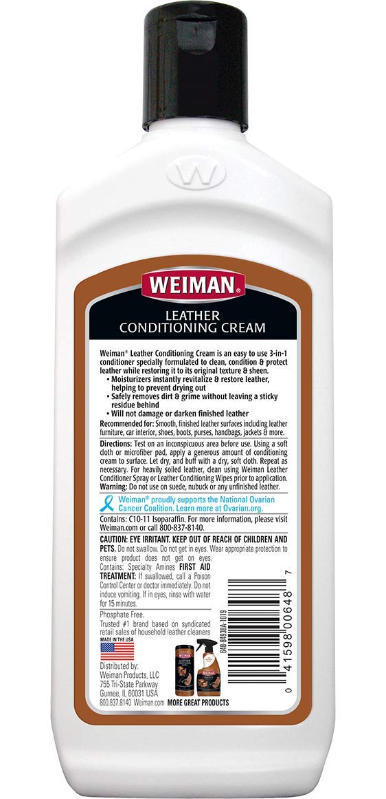 Weiman 3 in 1 Deep Leather Cleaner & Conditioner Cream - Restores Leather Surfaces - Use on Leather Furniture, Car Seats, Shoes,
