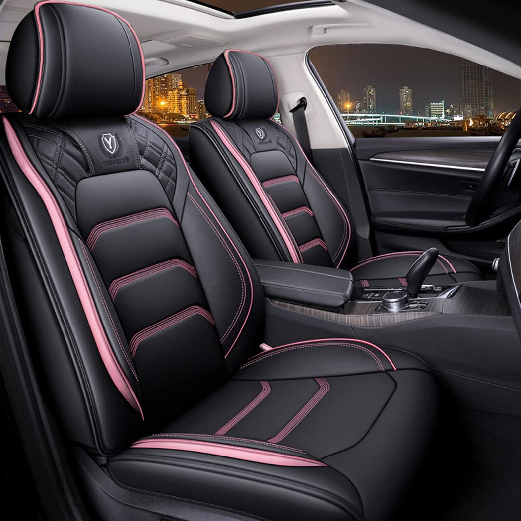 YXQYOEOSO Comfortable Leather Auto Car Seat Covers 5 Seats Full Set Universal Fit (Black & Pink