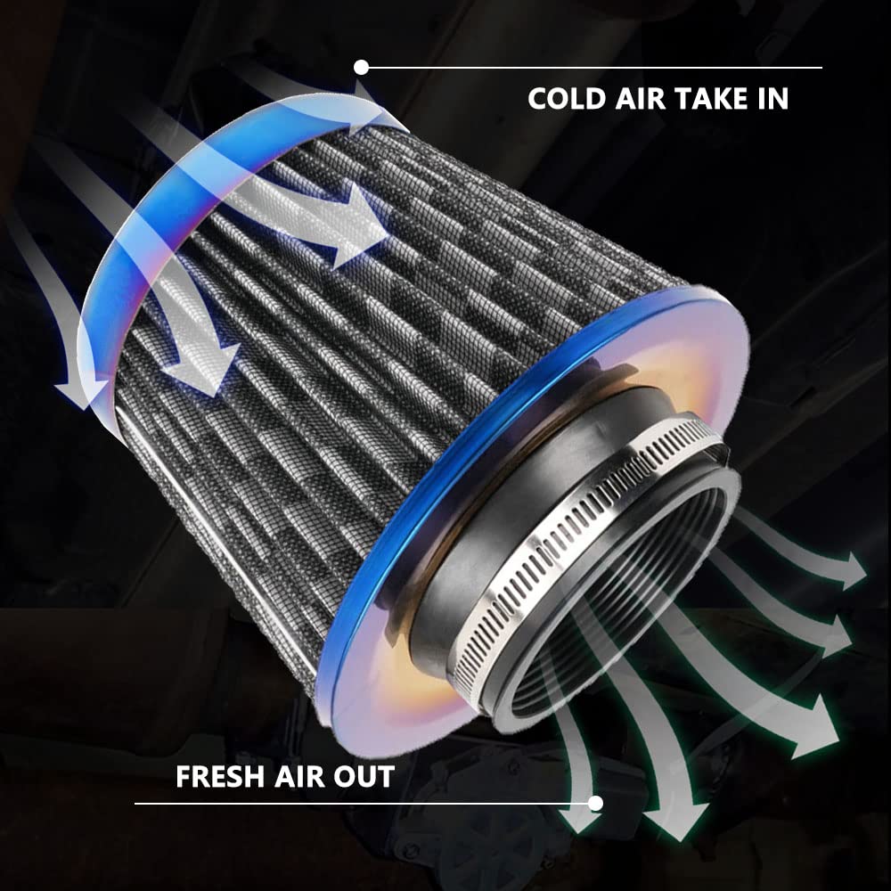 Cold Air Intake Filter, High Performance, Washable Filter, Clamp-On Replacement Air Filter, Flange Diameter 3Inch/76Mm Carbon Fi