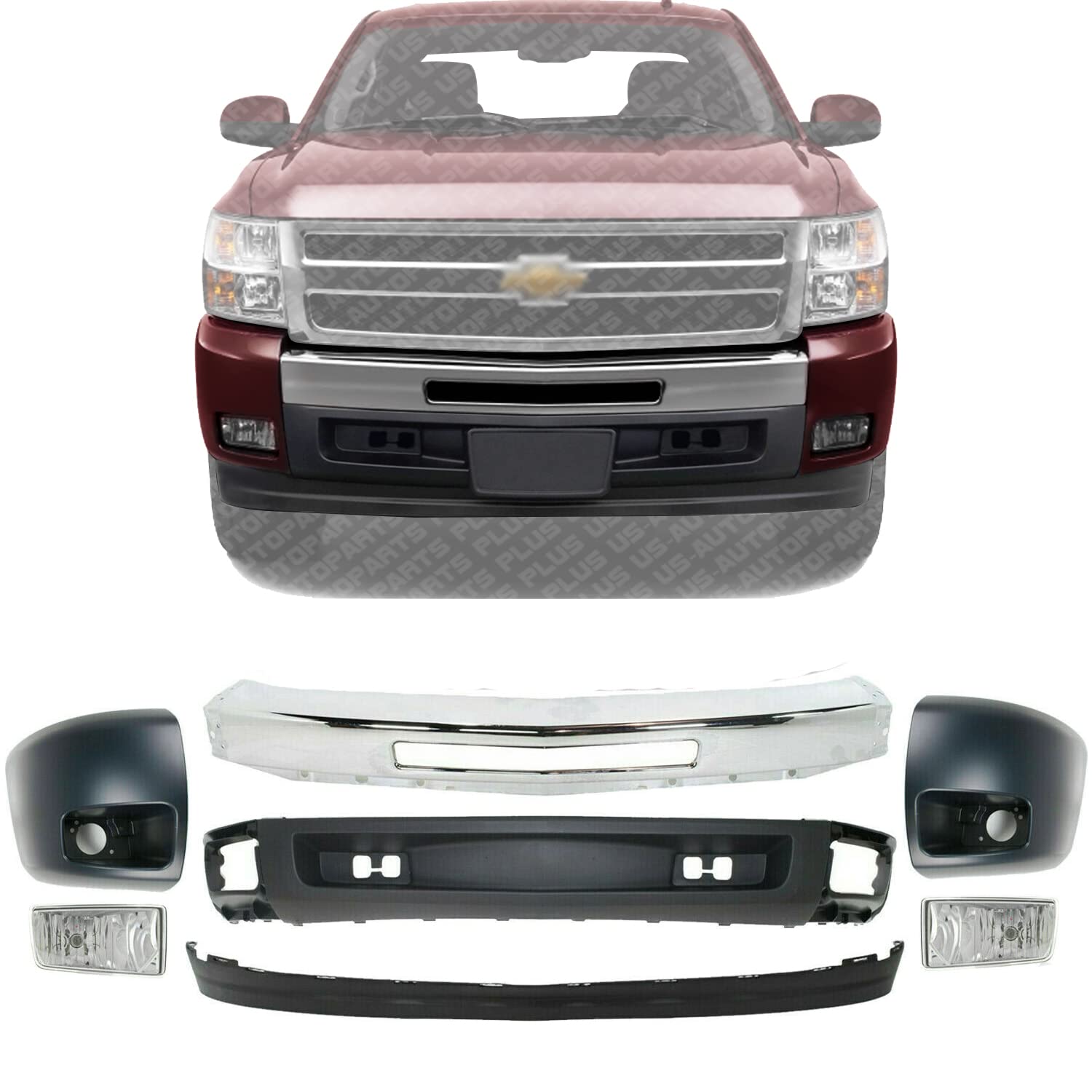 US AUTO PARTS PLUS New Front Bumper Chrome Steel + Lower Valance + Extension Textured + Bumper Ends Primed + Fog Lights Right & 