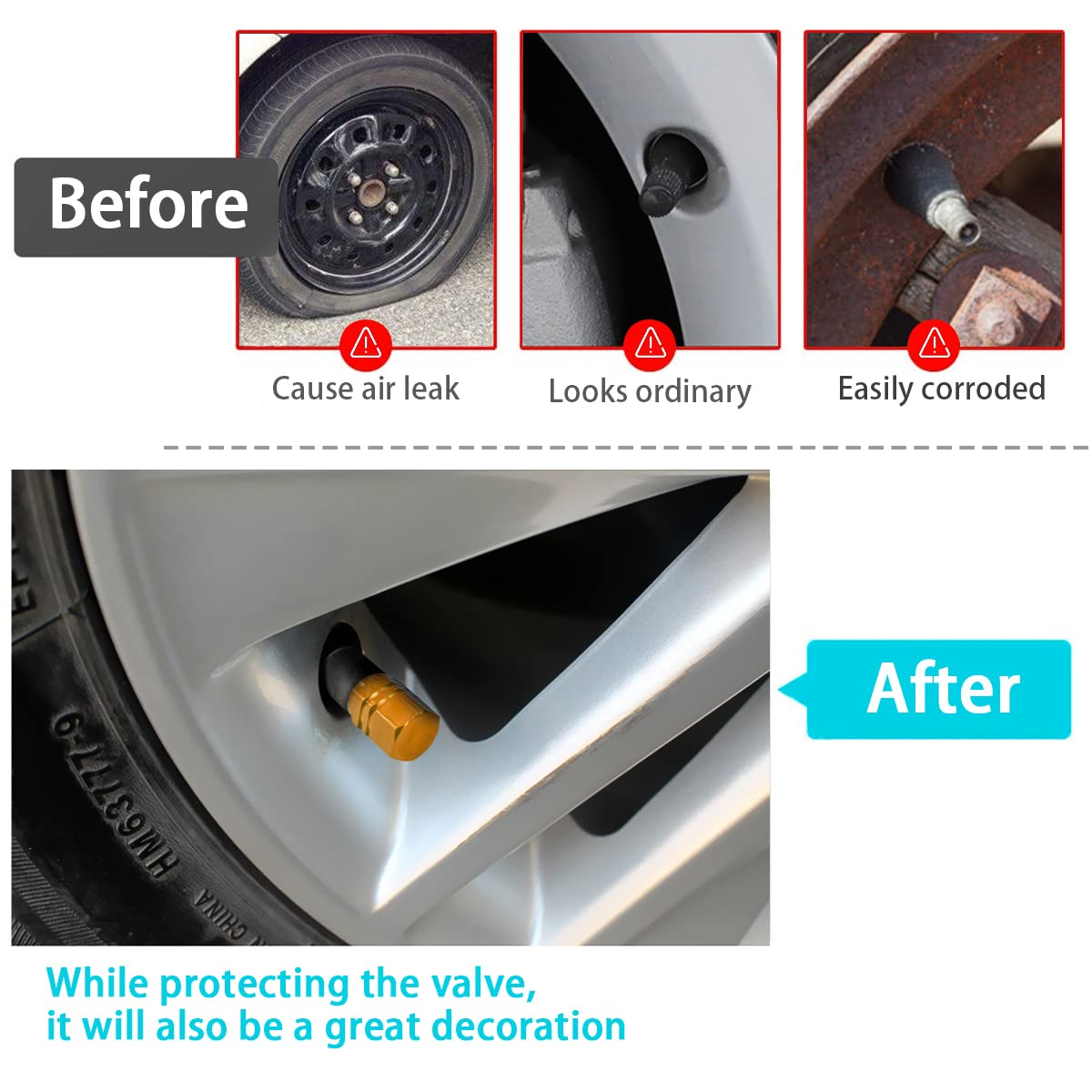 Car Tire Valve Stem Cap, 12 Pcs Wheel Valve Covers, Leak-Proof Air Caps Cover, Airtight Aluminum Alloy Hexagon Shape Tyre Access