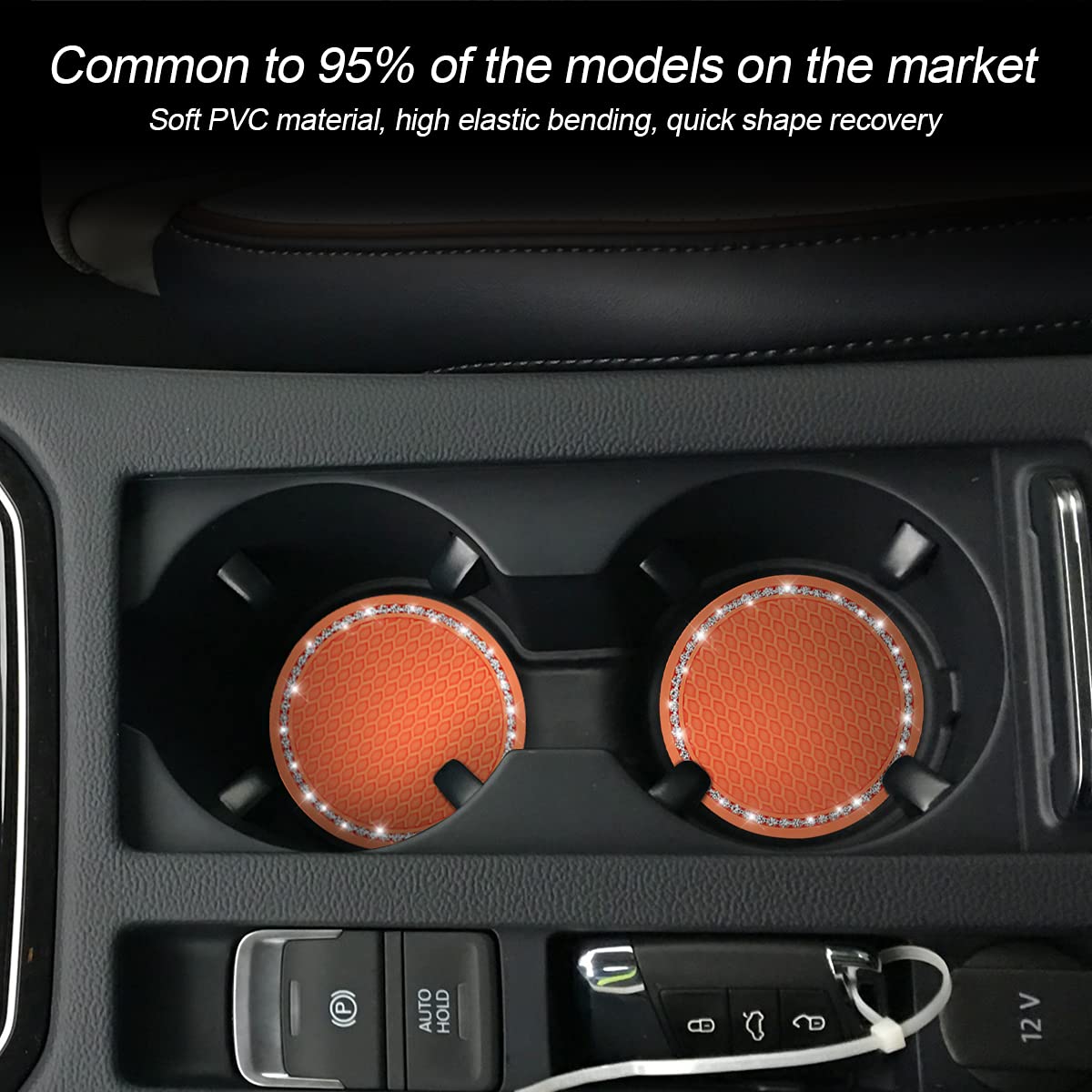 2Pcs Universal Bling Car Cup Coaster,Rhinestone Car Accessories 2.75 Inch Car Cup Holder Insert Mat Pad Set,Suitable For Most Car Interior (Orange)
