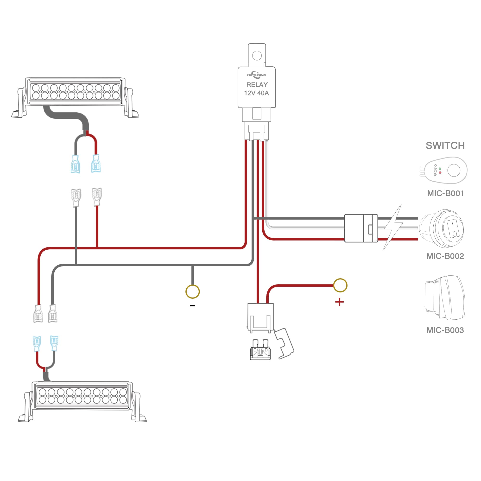 Mictuning Led Light Bar Wiring Harness Off Road Power 40A Relay Fuse On-Off Switch (2 Lead)