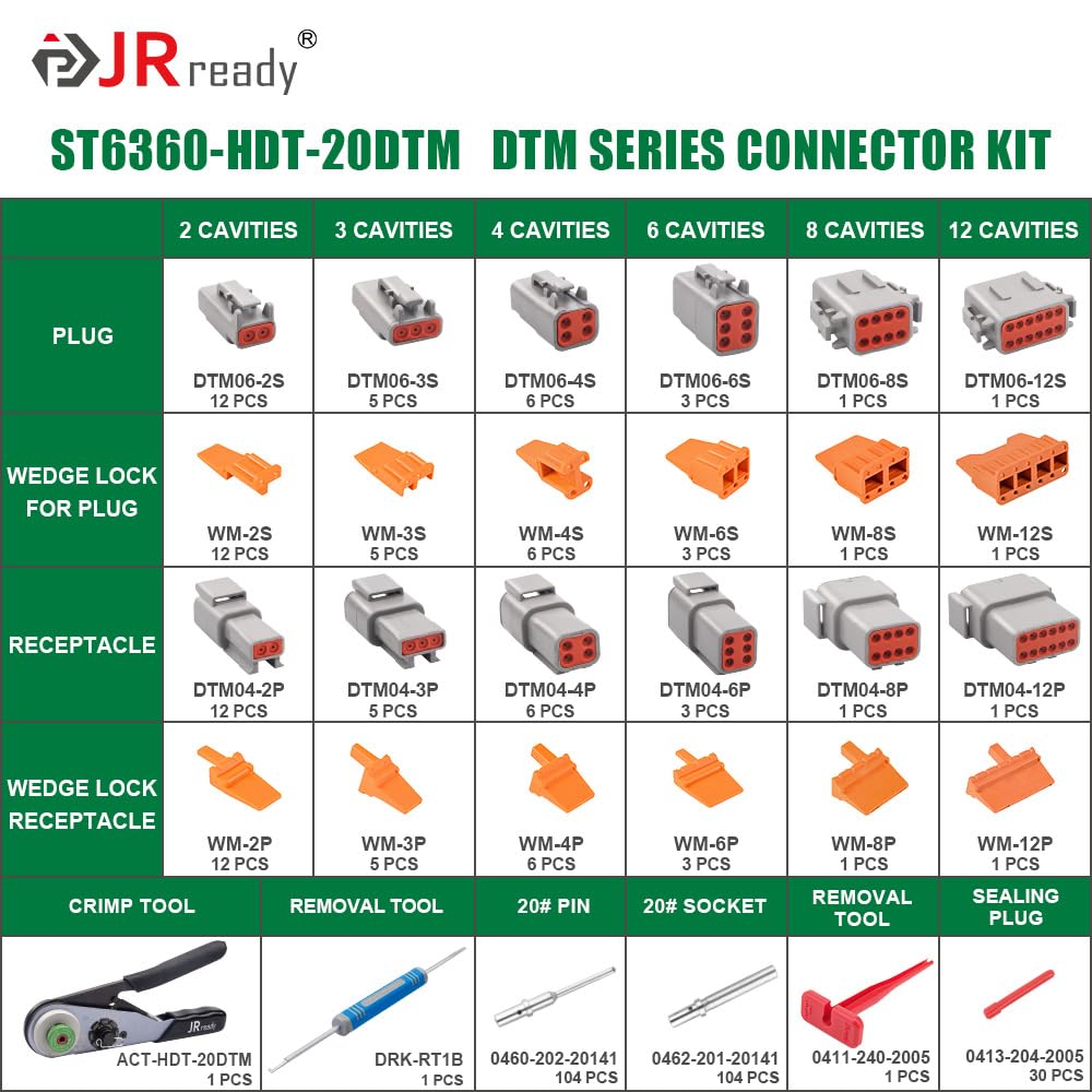 Jrready St6360 Deutsch Dtm Connector Crimp Tool Kit,Deutsch Crimp Tool And 2 3 4 6 8 12 Pin Connectors With Solid Contact,Size 2