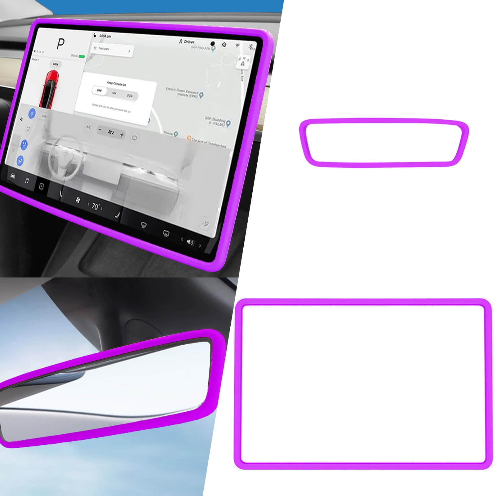 Yeapop 2Pcs Silicone Protector Frames of Screen and Rear View Mirror for Tesla Model 3 2017-2023 and Model Y 2019-Feb.2025. (Pur