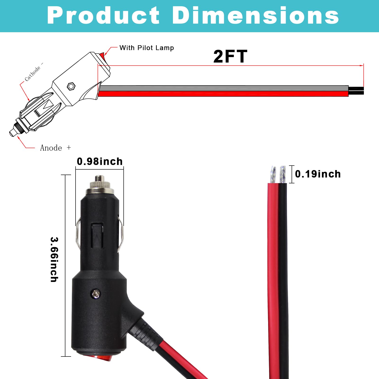 12V Fused Replacement Cigarette Lighter Male Plug With On Off Switch - 2Ft 12Volt 15Amp Cigarette Lighter Plug With Leads And Led Lights, 16Awg Cigarette Plug For Car Cooler,Cb Radio, Air Compressor