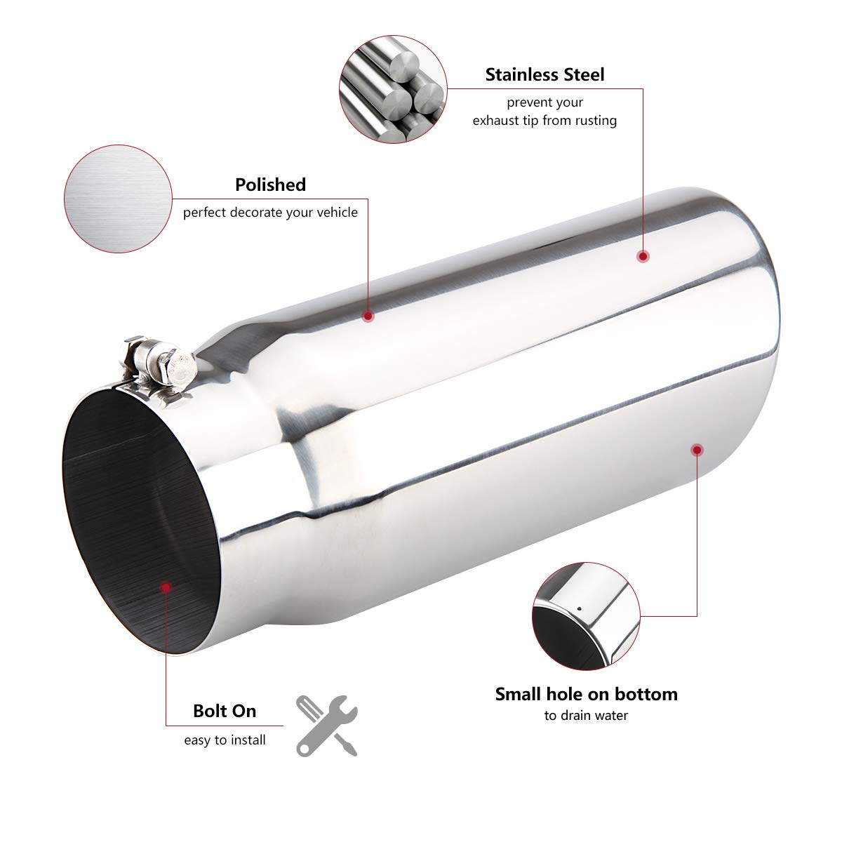 Exhaust Tip 5 Inlet 8 Outlet 15 Long Rolled End Angle Cut Bolt On Polished Exhaust Tail Pipe