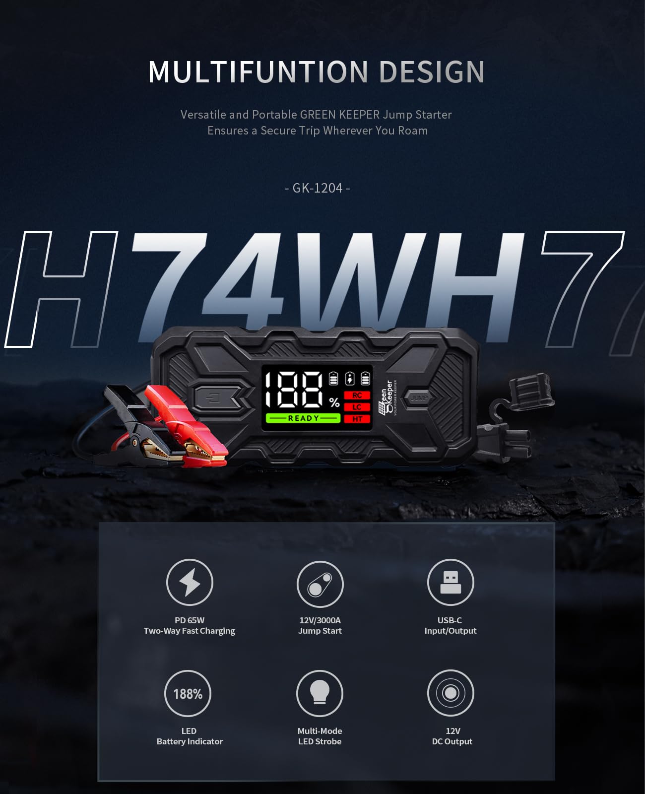 Portable Car Battery Jump Starter: 3000A Battery Jumper Pack For Car Engines Up To 8.0L Gas/Diesel, Ultrasafe Jumper Box With Ju