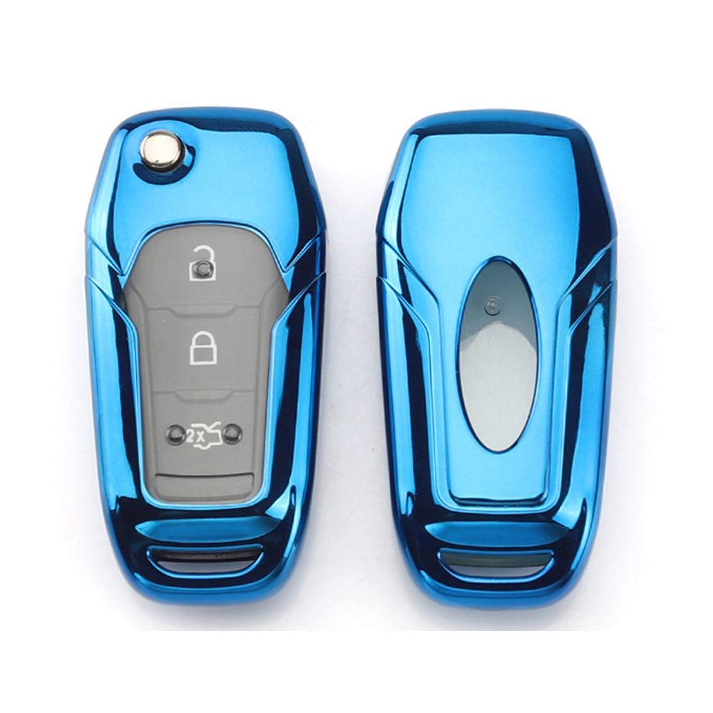 Royalfox(Tm 2 3 Buttons Soft Tpu Flip Remote Key Fob Case Cover For 2015 2016 2017 2018 2019 Ford F150 F250,Focus 3 Escort Kuga Everest Fiesta Mustang Edge Mkv Fusion 2016 Ranger (Blue)