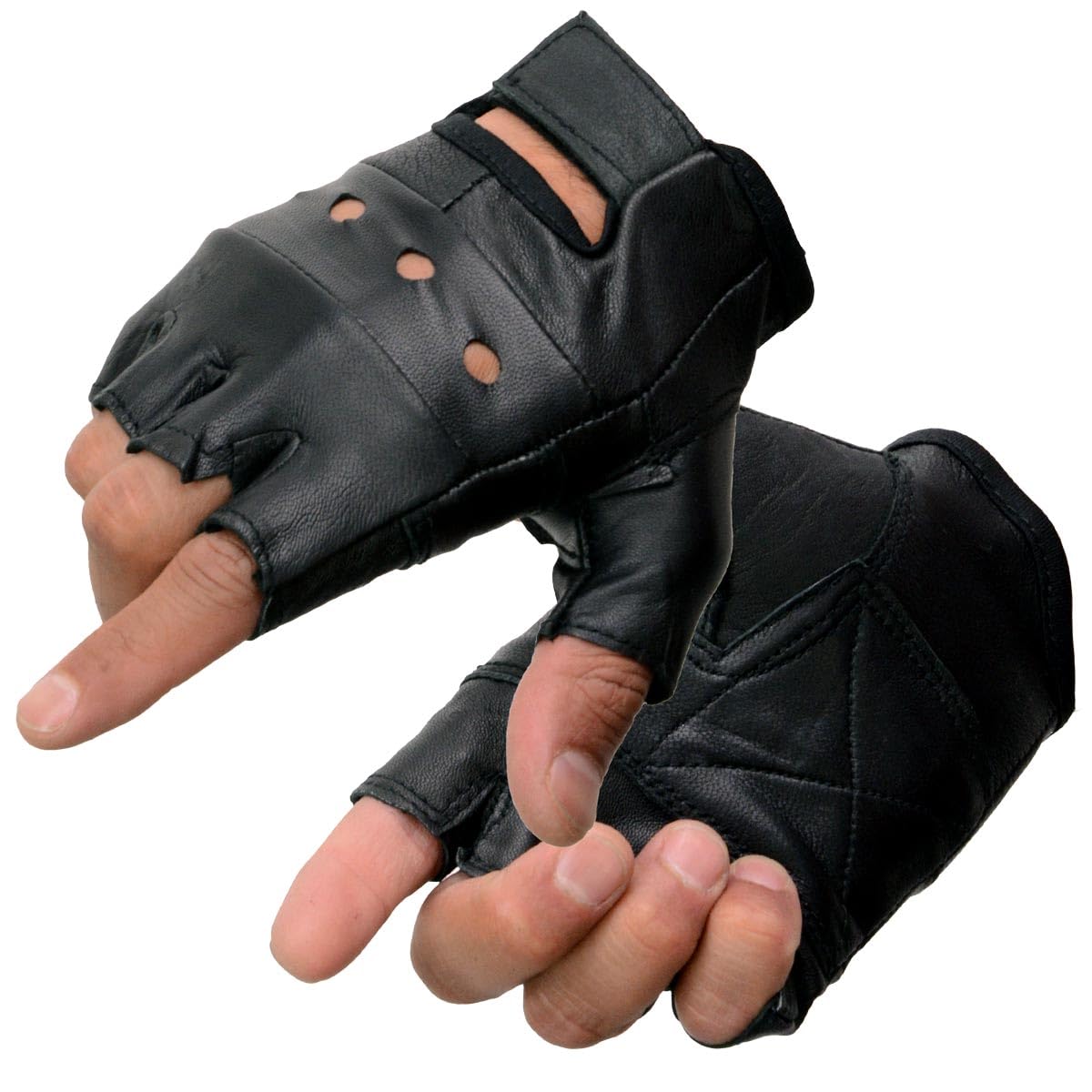 Milwaukee Leather SH216 Men's Black Leather Gel Padded Palm Fingerless Motorcycle Hand Gloves W/Breathable Open Knuckle - Large
