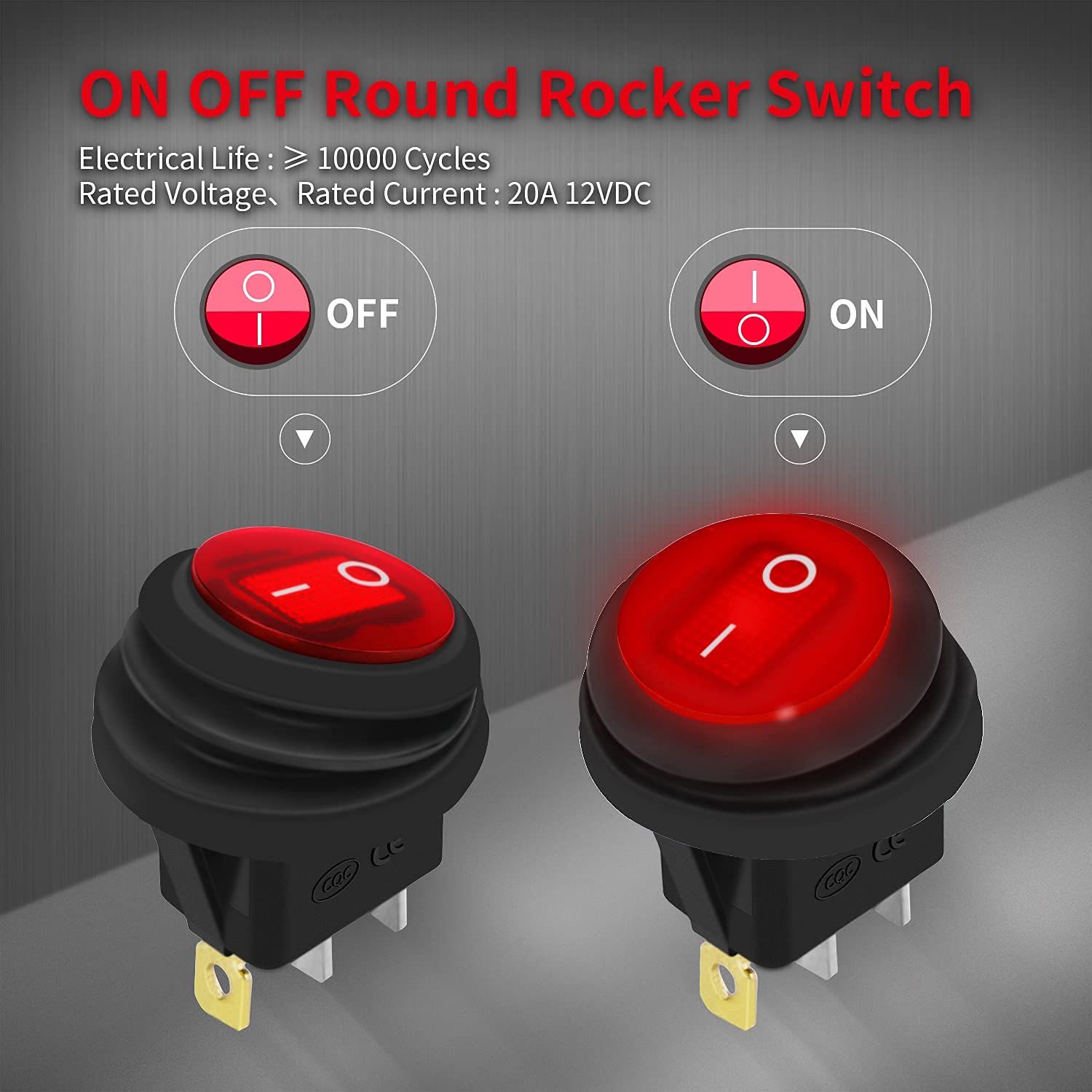 DAIERTEK 12V Round Rocker Switch with Red LED - Waterproof Toggle Switch, 20A, 3 Pin SPST for Marine, Boat, Automotive - 10 Pack